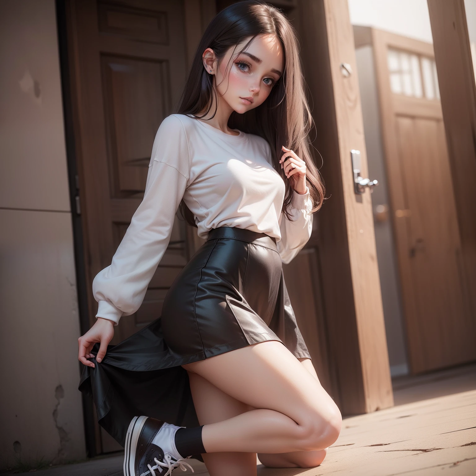 a woman in a casual clothing, white long sleeve T-shirt and circle skirt ,converse shoes, , adult face, shoulder length slightly wavy hair, ((dark chocolate hair hair )) and gleaming detailed vibrant grey eyes, slim frame, medium breasts, long legs, beautiful face, medium butt size, small feet size, small hand size, perfect hands, scary face, beautiful face, pretty face, hot woman, British woman, cream skin, small soft pink lips , small to medium breast size, sharp features, slim hourglass figure, ashen hair, soft features, porcelain skin, blush