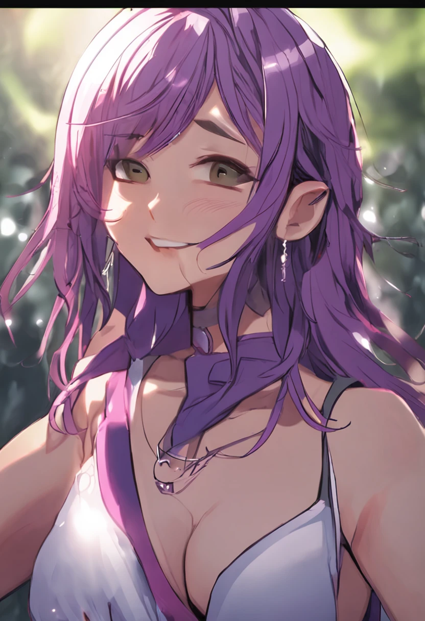 A MILF,Around forty years old,Wear a purple sleeveless hurdle vest,long azure hair。Plump body type,Large chest,Asian people,Face is flat,Beautiful looks,exposing her chest,Smile