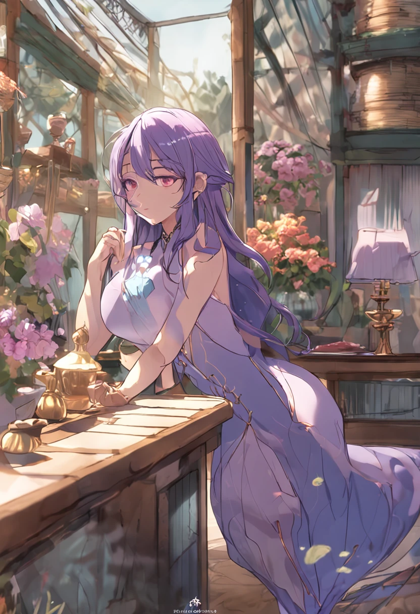 A MILF,Around forty years old,Wear a purple sleeveless hurdle vest,long azure hair。Plump body type,Large chest,Asian people,Face is flat,Beautiful looks,exposing her chest,Smile