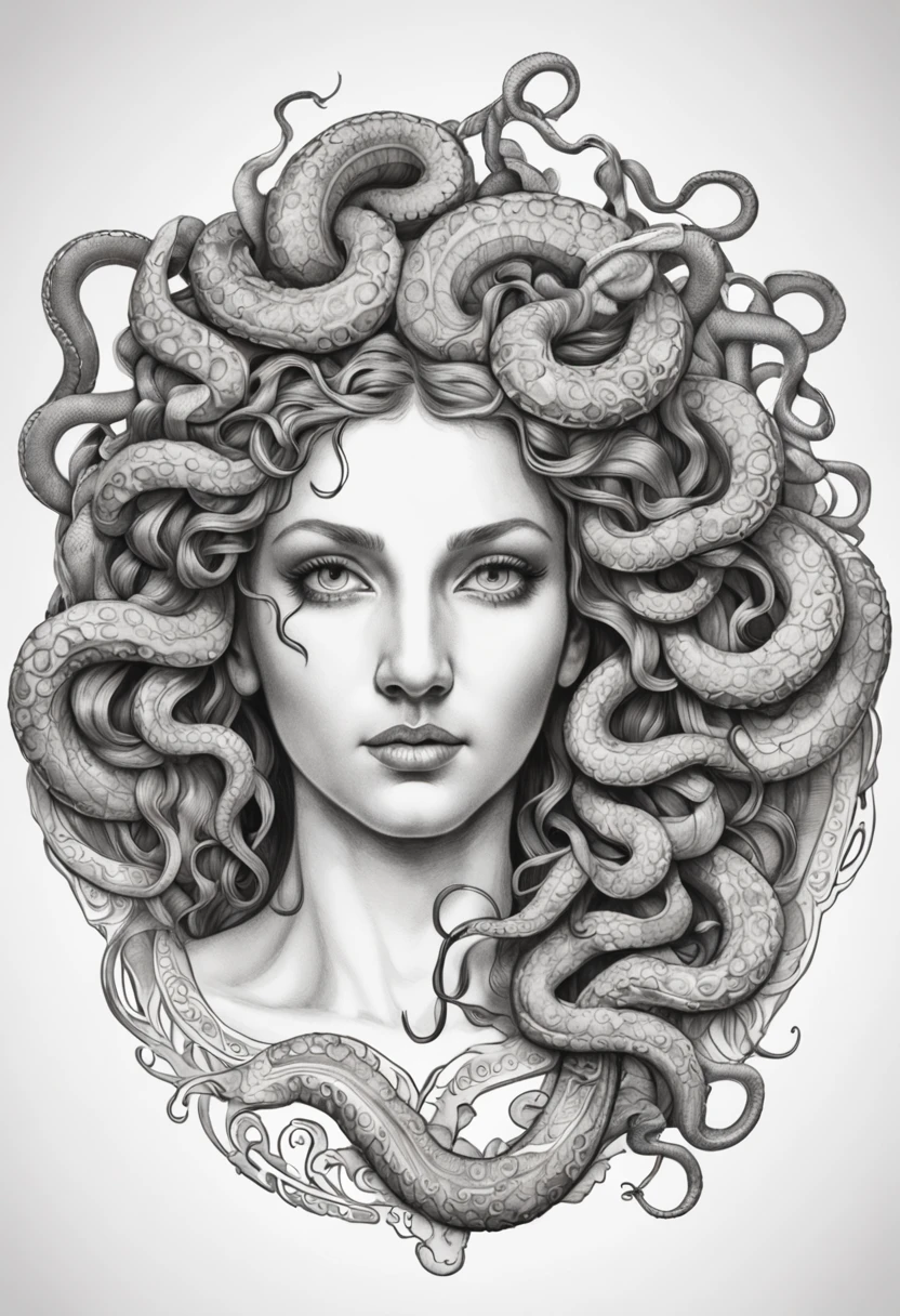 An enchanting and powerful illustration of Medusa, Greek mythology, artwork showcases intricate black line work resembling a tattoo design sketch."