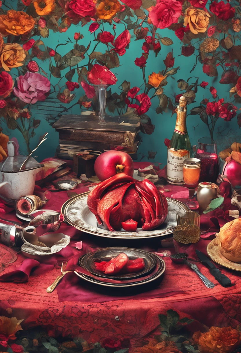 a human heart being stabbed, served on a dinner plate, the photo is a top-down portrait, ultra realistic photo, 8k quality, fullhd