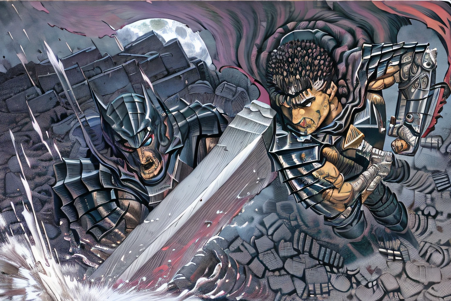 masterpiece, best quality, highly detailed, guts \(berserk\),  dynamic angle, from above, running fighting stance, attack battle form, floating debris dust stones winds,armor,  one eye closed, scar, bandages, black hair, cape, male focus, manly, holding sword, huge sword, holding, traditional media, weapon, full moon