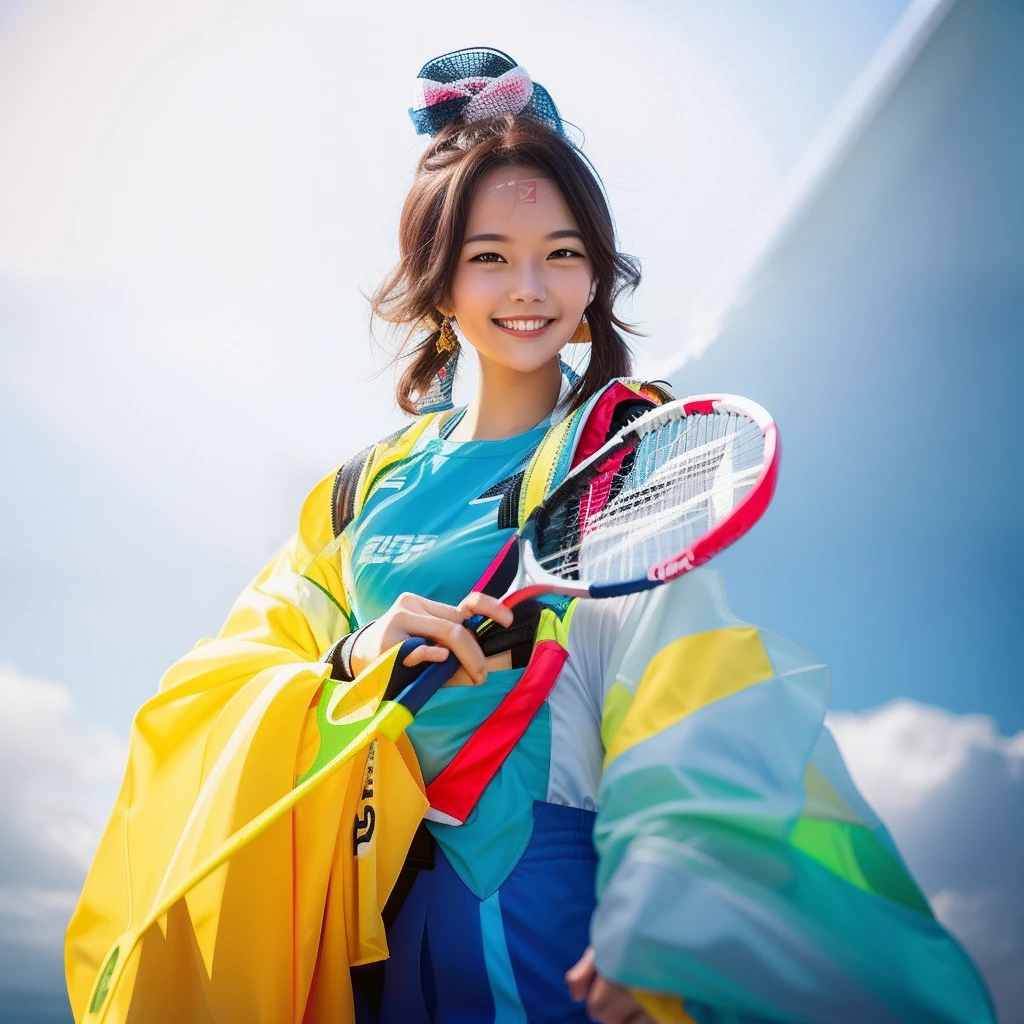 Smiling woman in costume holding tennis racket