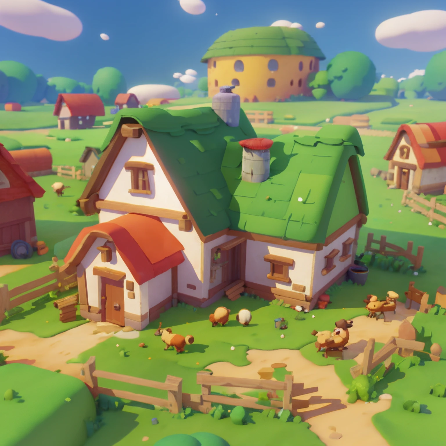 Game architectural design, cartoon, large farm buildings, farm fences and crops, farmland, incredible design, super detail, epic composition, 3d, blender, masterpiece, super detail, best quality, ultra HD