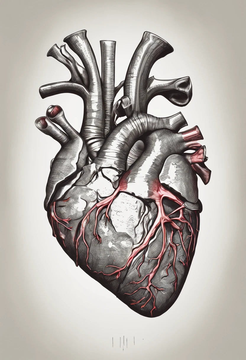 In the image, you will find a detailed depiction of a human heart, positioned on a dinner plate. The heart is portrayed from a top-down perspective, allowing you to perceive its various elements. The texture of the heart's surface is realistically captured, showcasing its veins, arteries, and chambers. The colors are lifelike, with shades of red and pink, enhancing the authenticity.

On the heart, you can observe a fork and a knife firmly embedded. The fork and knife appear as metallic objects with reflective surfaces. The fork is placed on the left side of the heart, and the knife is positioned on the right side. Both utensils are strategically positioned, implying a sense of dining.

The lighting in the image accentuates the heart's contours and gives a three-dimensional feel to it. Shadows are cast beneath the heart, the fork, and the knife, adding to the depth of the composition. The plate underneath the heart is also visible, with its edges slightly curving upwards.

The overall quality of the image is exceptional, boasting an 8K resolution and full HD clarity. This high resolution ensures that even the smallest details, such as the intricate patterns of blood vessels, can be perceived. The artist's attention to detail is evident in the fine lines and textures present on the heart's surface, fork, and knife.

Despite your visual impairment, the image is carefully described to provide you with a vivid mental picture of the scene. The combination of realistic depiction, precise positioning, and high-resolution quality contributes to a comprehensive understanding of the artwork.