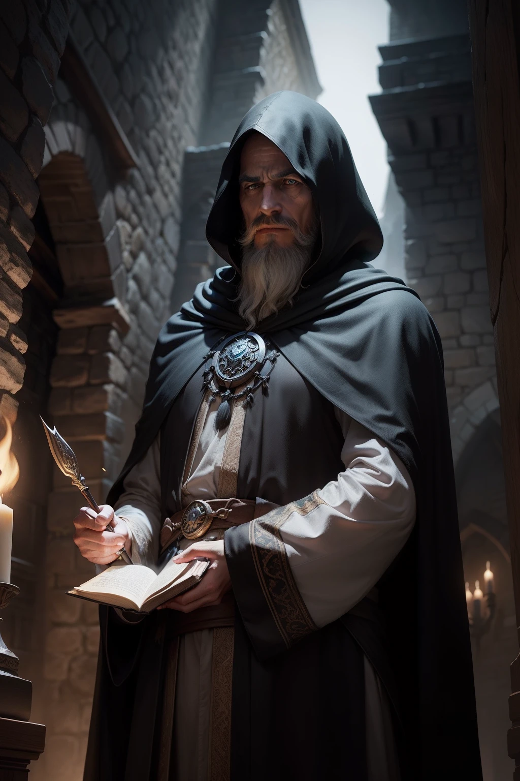 a wizard medieval with black cloak