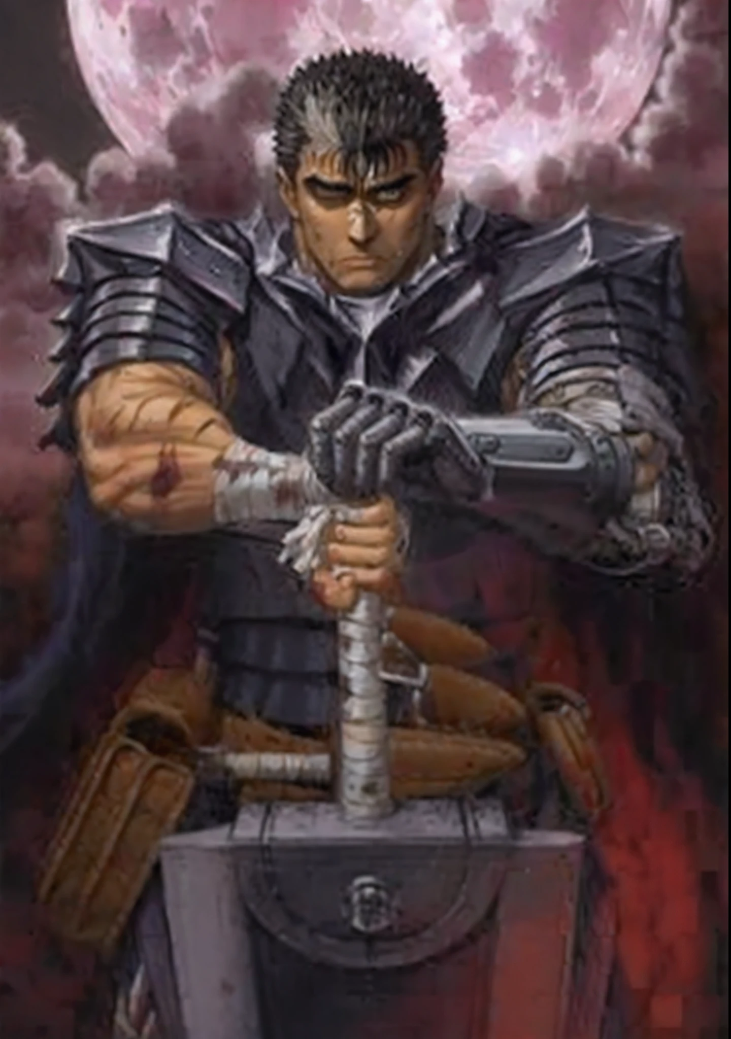 masterpiece, best quality, highly detailed, guts \(berserk\),  dynamic angle, from above, running fighting stance, attack battle form, floating debris dust stones winds,armor,  one eye closed, scar, bandages, black hair, cape, male focus, manly, holding sword, huge sword, holding, traditional media, weapon, full moon
