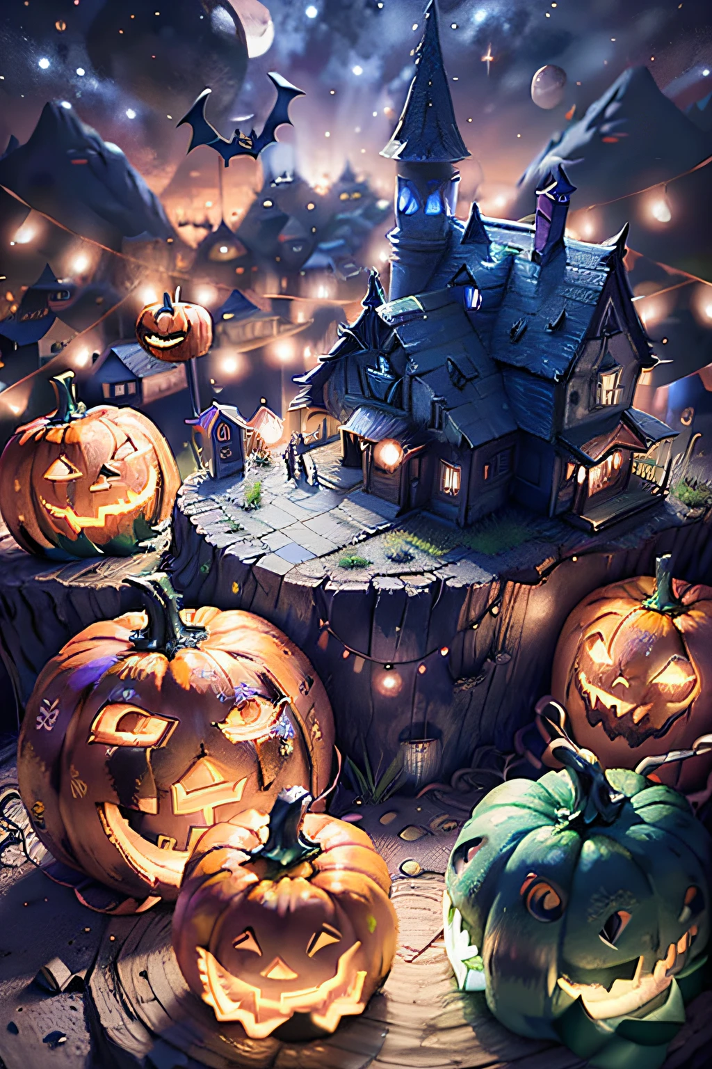 Mini\(Ttp\), (8k, Foto RAW, best quality, master part:1.2), fundo colorido, fundo limpo, profundidade de campo, Casa de Halloween, Pumpkin, Fantasmas,  mistborn, ,Miniatura, isometric, em Bola de cristal,