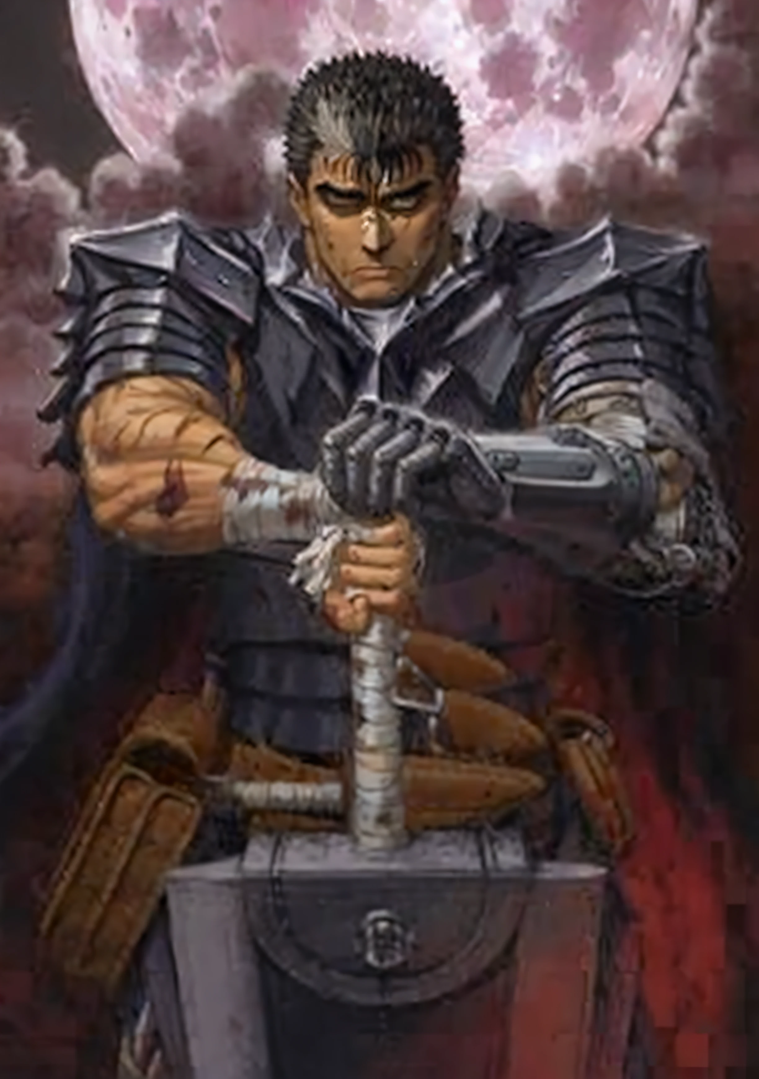 masterpiece, best quality, highly detailed, guts \(berserk\), dynamic angle, from above, running fighting stance, attack battle form, floating debris dust stones winds,armor, one eye closed, scar, bandages, black hair, cape, male focus, manly, holding sword, huge sword, holding, traditional media, weapon, full moon