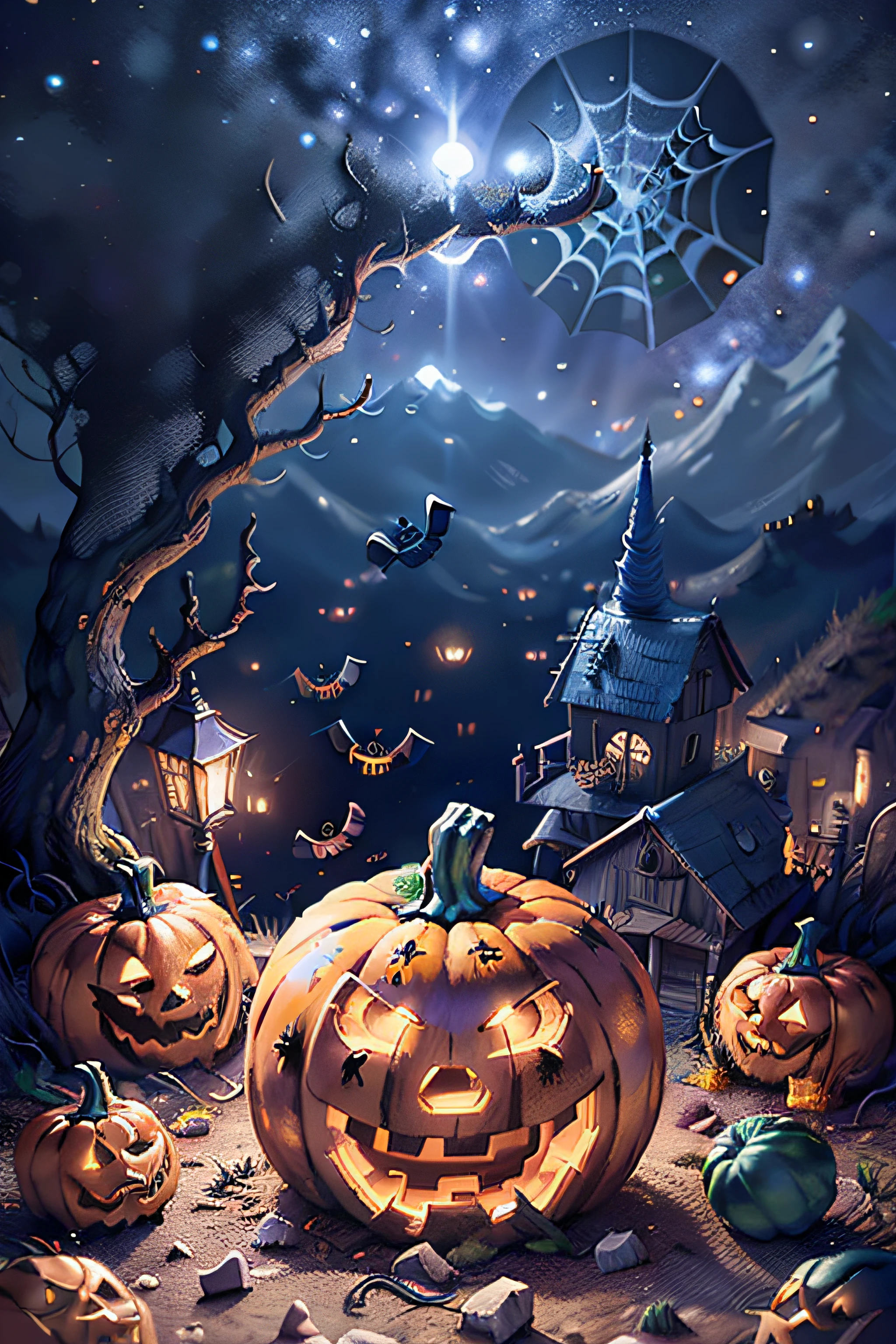 Mini\(Ttp\), (8k, Foto RAW, best quality, master part:1.2), fundo colorido, fundo limpo, profundidade de campo, Casa de Halloween, Pumpkin, Fantasmas,  mistborn, ,Miniatura, isometric, em Bola de cristal,