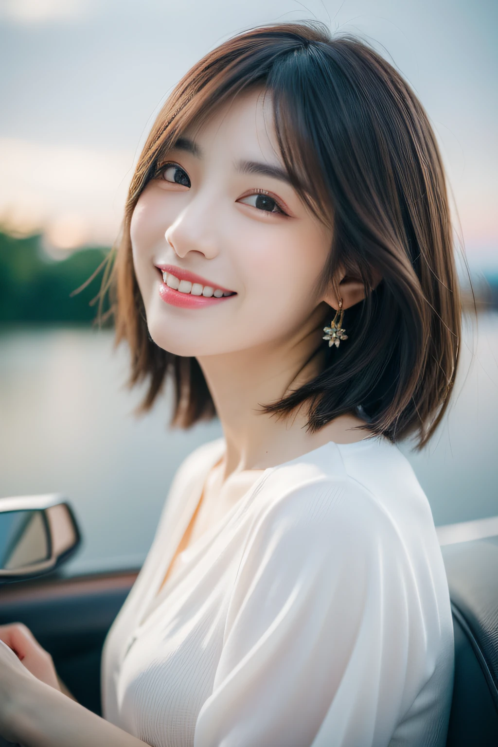 (8k, RAW photo, best quality, masterpiece: 1.2), (realistic, photorealistic: 1.37), super detailed, one girl, cute, in front of the car, alone, beautiful detailed sky, (nose blush), (smile: 1.1), (closed mouth) medium chest, beautiful detailed eyes, jewelry, earrings, dress, looking at viewer, cosplay, brown eyes, (short hair: 1.2), floating hair