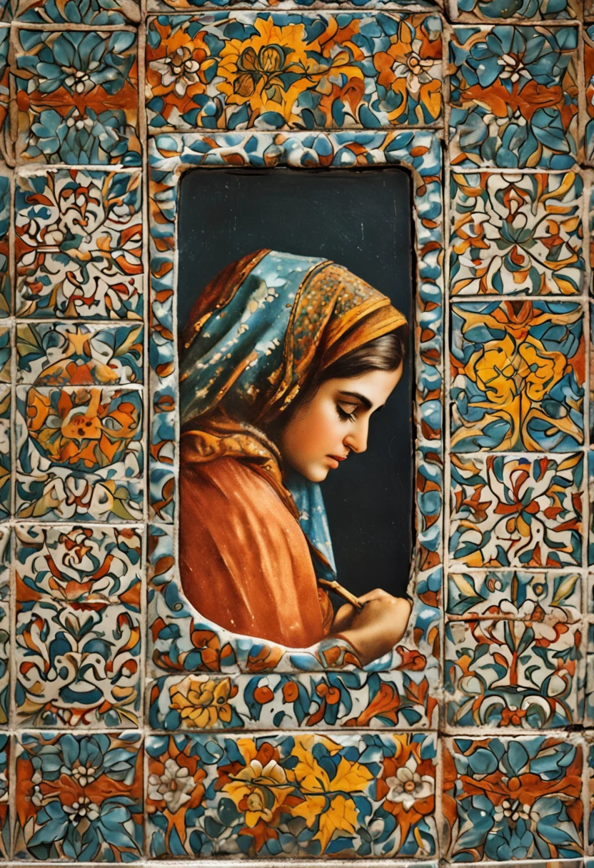 Old Iranian tiling, girl painting on tile, old, Iranian, ceramic, real, very real, close-up, one tile