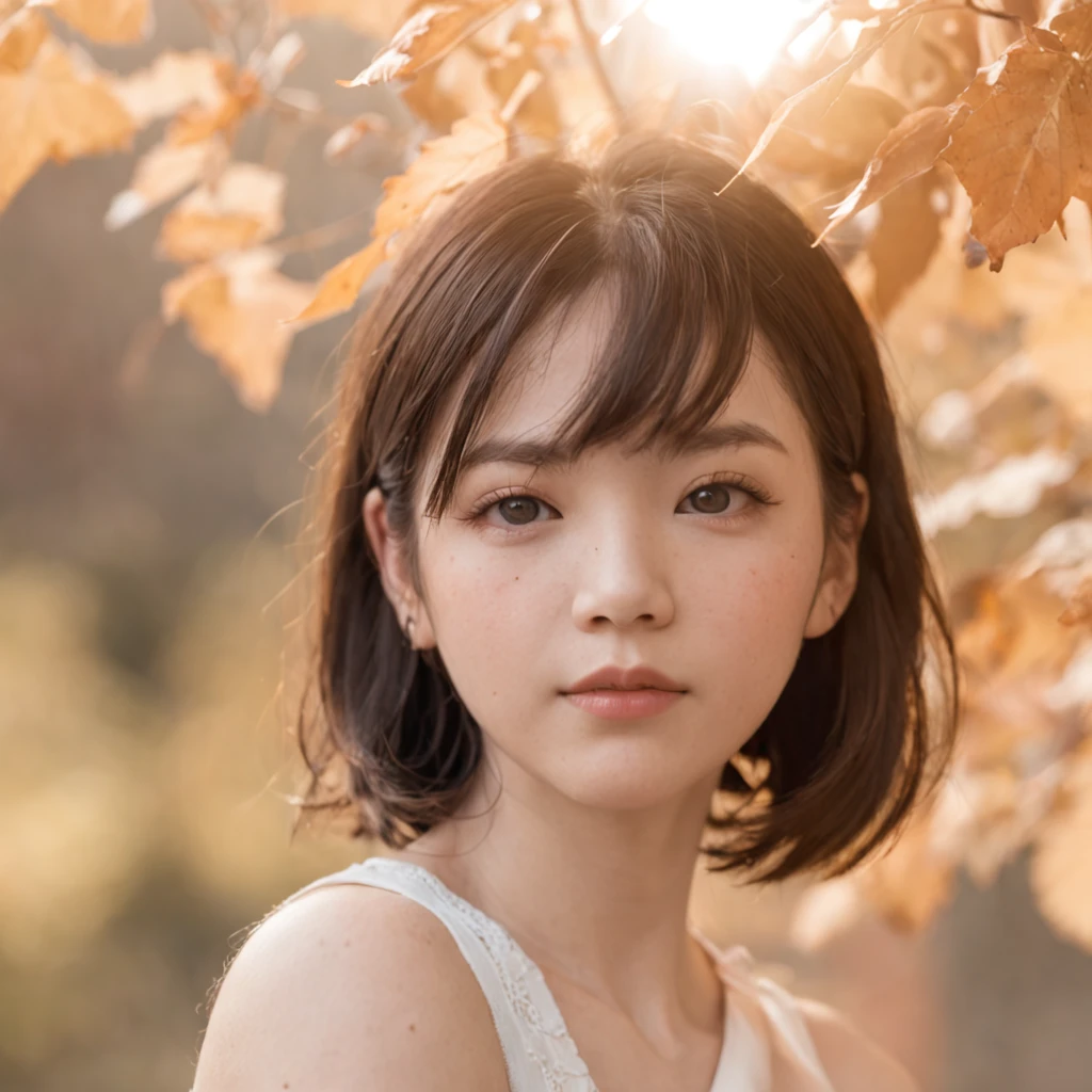 drooing eyes、Short hairstyle、 girl、A dark-haired、short-haired、Embarrassed face、Autumn landscape、Hair illuminated by the sun、hitornfreckles、Angle from below