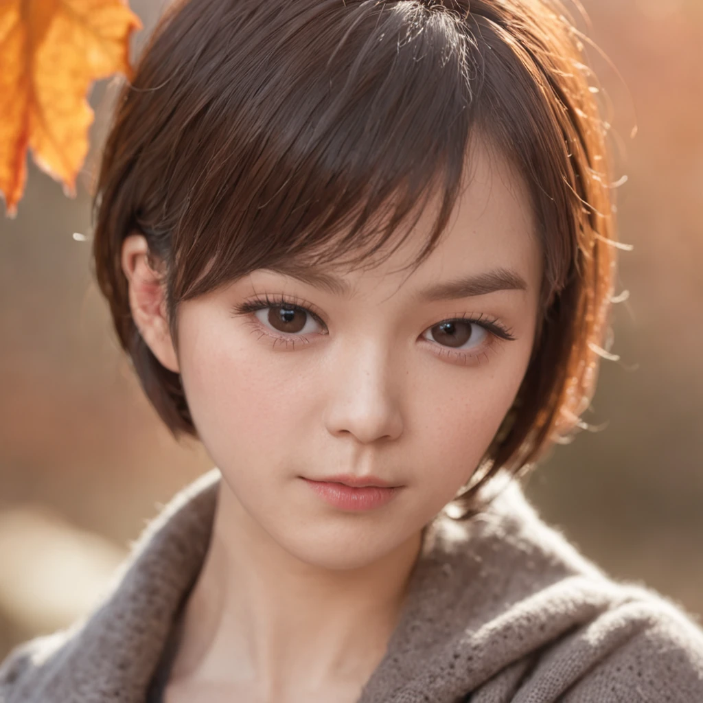 drooing eyes、Short hairstyle、 girl、A dark-haired、short-haired、Embarrassed face、Autumn landscape、Hair illuminated by the sun、hitornfreckles、Angle from below