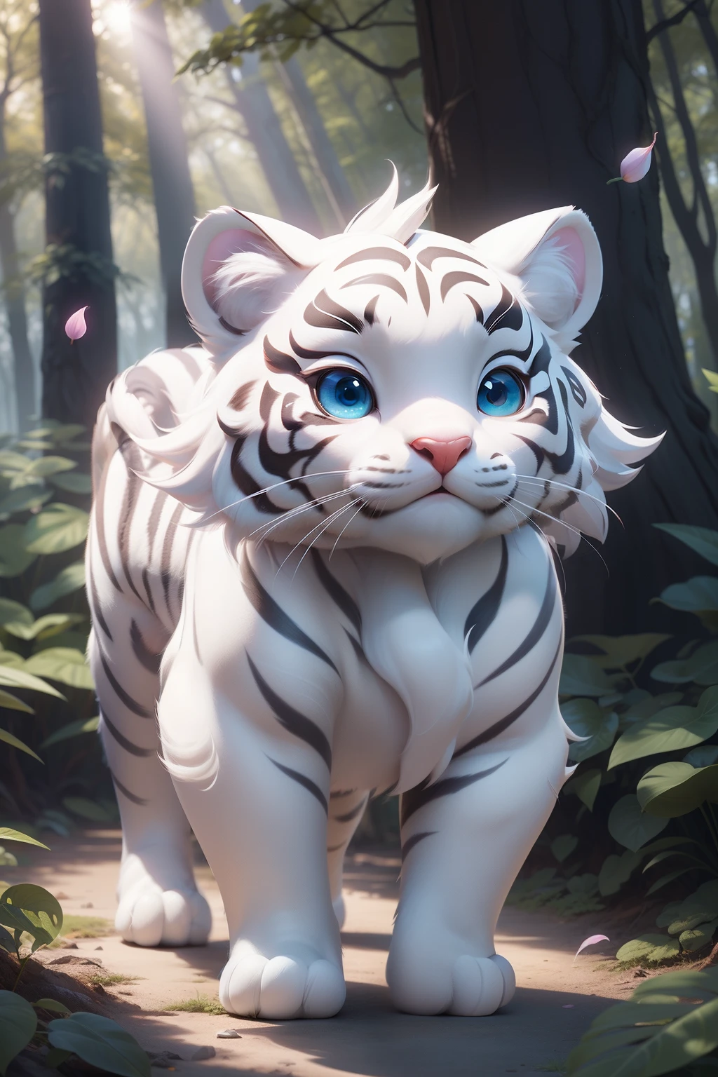 Modern Disney Style、4K, 8K, In the mysterious magical forest,(Cute White Tiger: full body Esbian)、Big, Anime-like eyes、1(illumination: Sunlight shines through the petals), 1bolt、