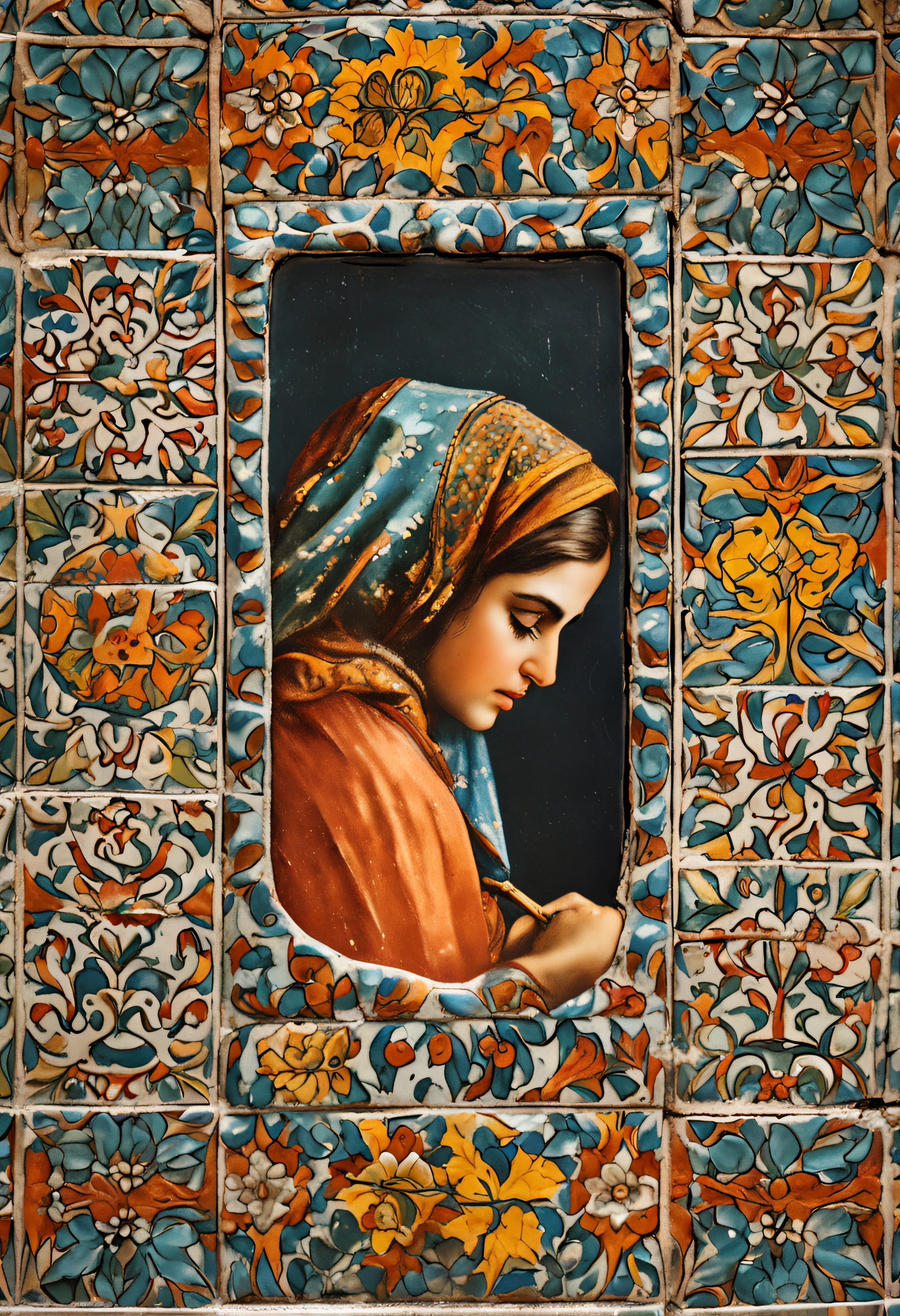 Old Iranian tiling, girl painting on tile, old, Iranian, ceramic, real, very real, close-up, one tile