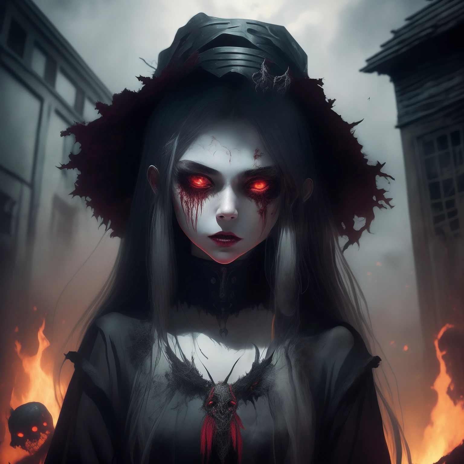 A very pal humanoid character, with red eyes, her name is (The Englewood Witch), she is crazy, nuts, horror, she is creepy, she is scary, shock value, very evil, she is skinny, evoke, fear, terror, dread, decay, disgust, she is a Psycho, dark, unusually thin, thin, scraggly, emaciated, twisted, frightening, sick, dark background, long white_dress, ????, bloody_hands, solo, (messy_long_dark_hair), fog, evil eyes, eyes glowing, fire in the background, (she is wearing a very dirty old torn_white_dress), covered in slugs