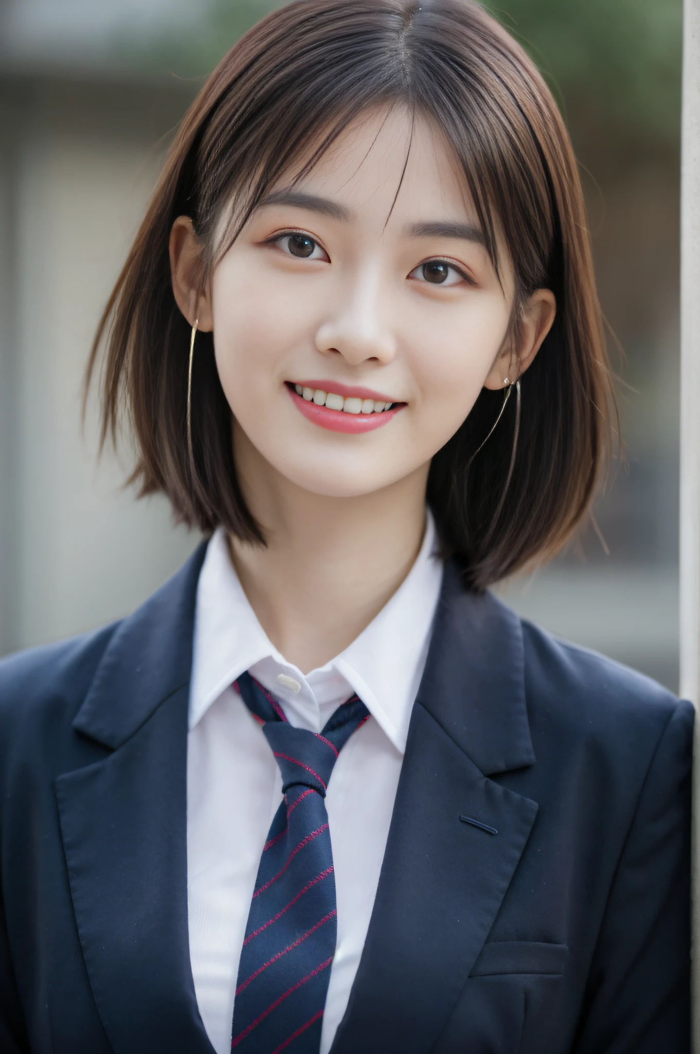 8K RAW photo, high resolution, 21 year old cool Korean, big round breasts, school uniform, tie, tie ribbon, blazer, skirt, beautiful eyes in detail, long eyelashes, beautiful double eyelids, eye shadow, slit eyes, sanpaku eyes, dark eye makeup, evil smile, beautiful thin legs, short hair gathered at the back, earrings, school classroom