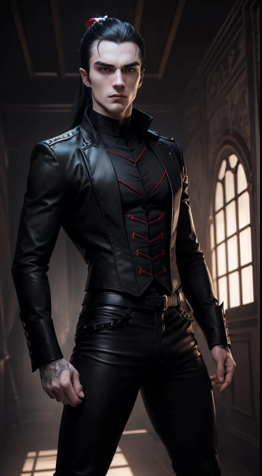 (A handsome 25 years old British male vampire hunter:1.2), (ponytail black hair:1.1), (pale skin), (serious face:1.4), (wearing black outfit with red lining and black tight pants:1.2), view from front, (dynamic pose:0.8), (chiaroscuro lighting:0.8), photo realism, intricate face detail, intricate hand details, highly detailed, vibrant colors, cinematic, high definition, trending on Artstation--style raw