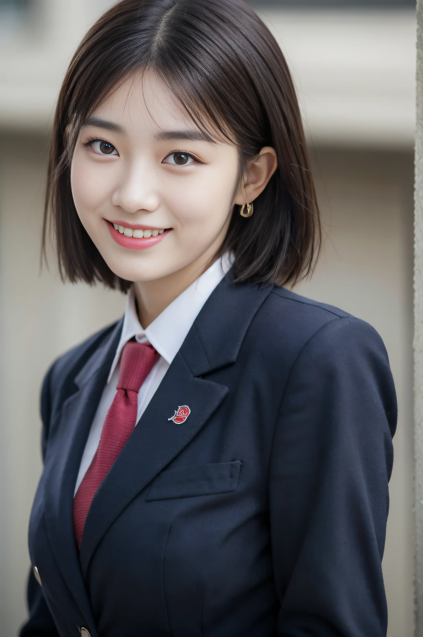8K RAW photo, high resolution, 21 year old cool Korean, big round breasts, school uniform, tie, tie ribbon, blazer, skirt, beautiful eyes in detail, long eyelashes, beautiful double eyelids, eye shadow, slit eyes, sanpaku eyes, dark eye makeup, evil smile, beautiful thin legs, short hair gathered at the back, earrings, school classroom