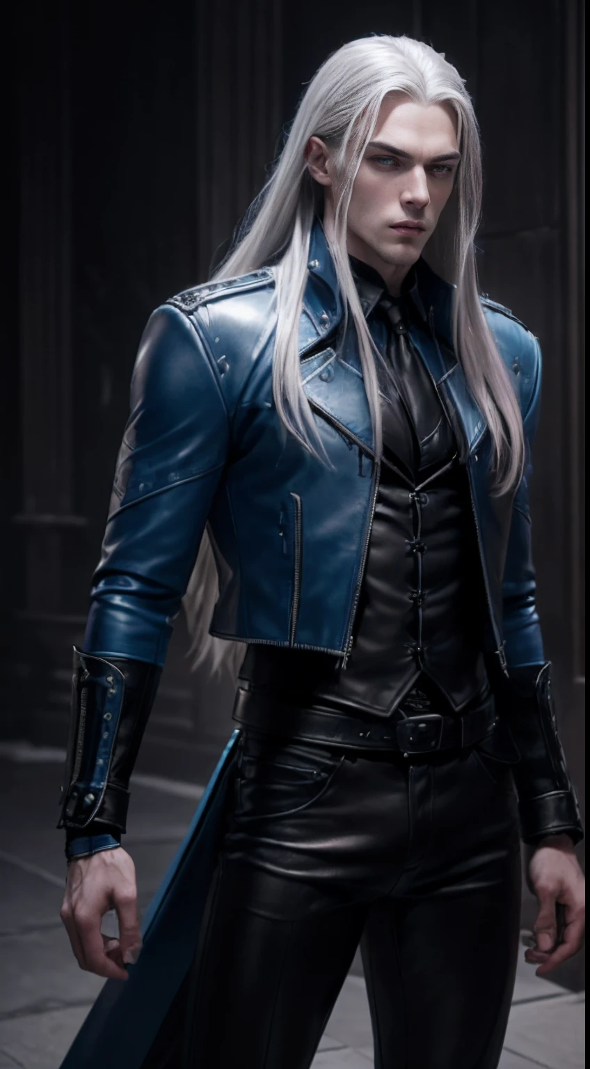 (A handsome 25 years old British male vampire mercenary:1.2), (long silver hair:1.1), (pale skin), (serious face:1.4), (wearing blue leather coat and black tight pants:1.2), view from front, (dynamic pose:0.8), (chiaroscuro lighting:0.8), photo realism, intricate face detail, intricate hand details, highly detailed, vibrant colors, cinematic, high definition, trending on Artstation--style raw