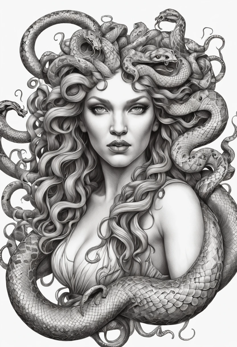 An enchanting and powerful illustration of Medusa, Greek mythology, artwork showcases intricate black line work with fine detailed angry snake heads, with open mouths, resembling a tattoo design sketch."
