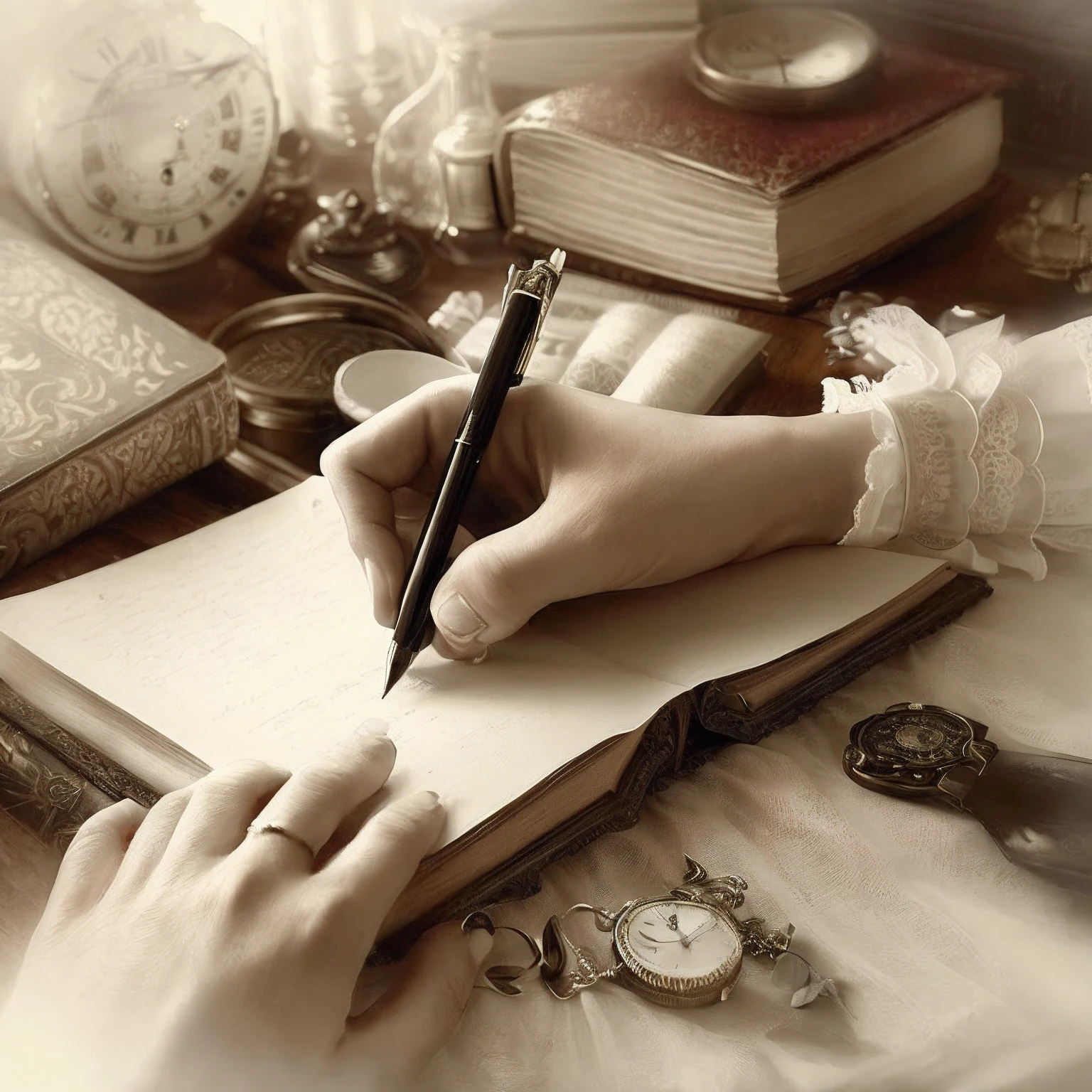 someone writing a book with a pen and a clock in the background, Escritos, writing in journal, escrever uma carta, diary on her hand, papel e caneta, estudo elegante, escrita intrincada, livros antigos e caneta de mergulho, Sepia, sepia photography, full page writings, Estilo vitoriano, Beautiful image, victorian setting, manuscrito, manuscrito, bela foto, blog-foto, cinematic