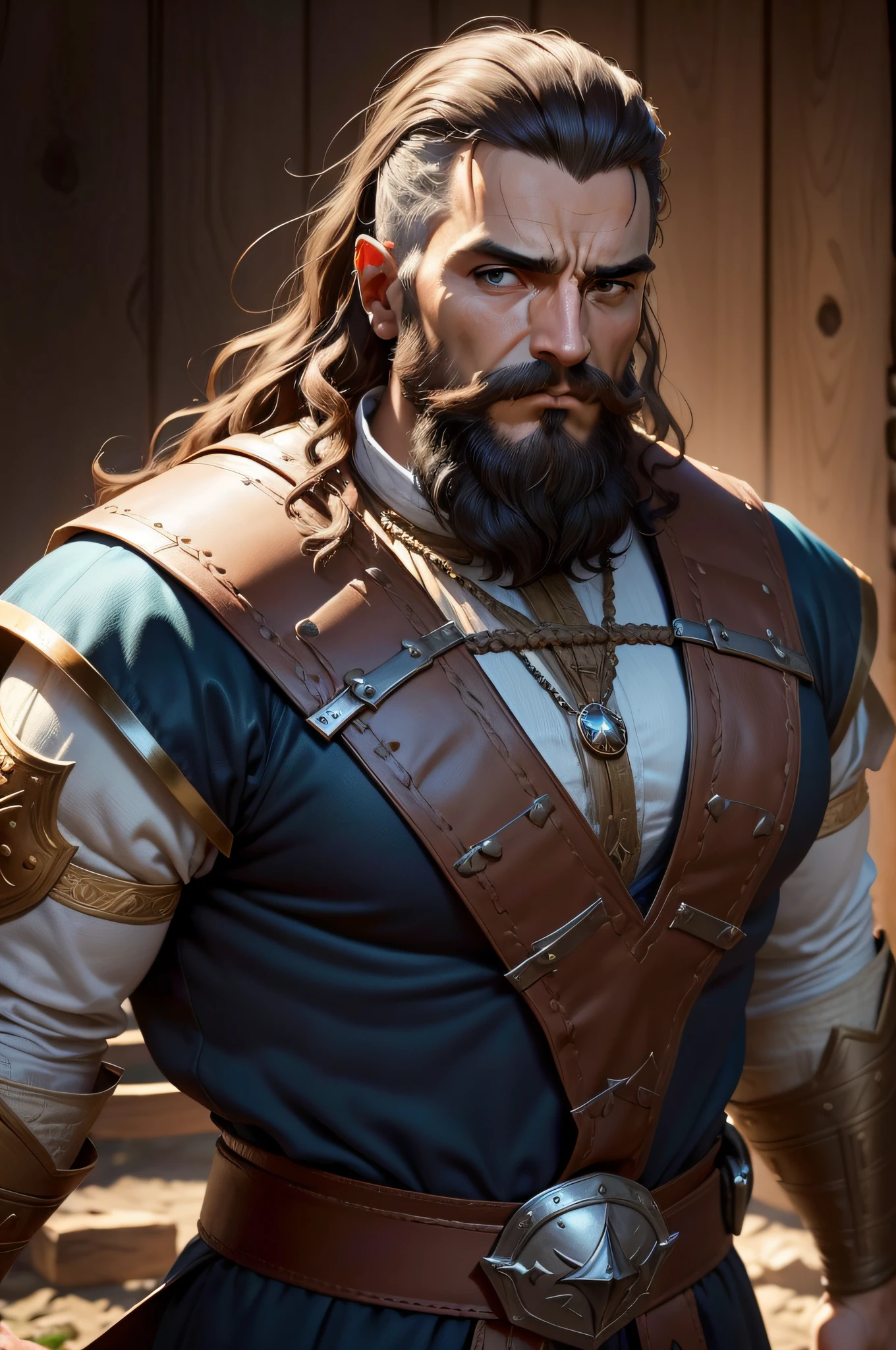 (personagem) Homem, Humano, Cabelo e barba castanhos, forte, encapuzado, serio. (imagem super detalhada), (obra-prima), (granulado), (16k), (super-realista), (Tema Fantasia Medieval), (RPG), (Senhor dos Aneis)