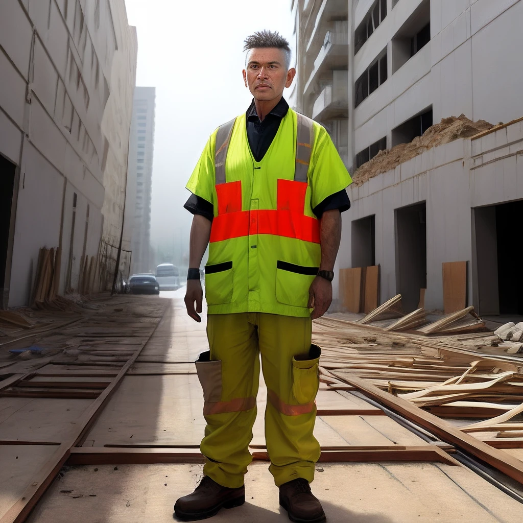 A man with a former haircut stands on a construction site