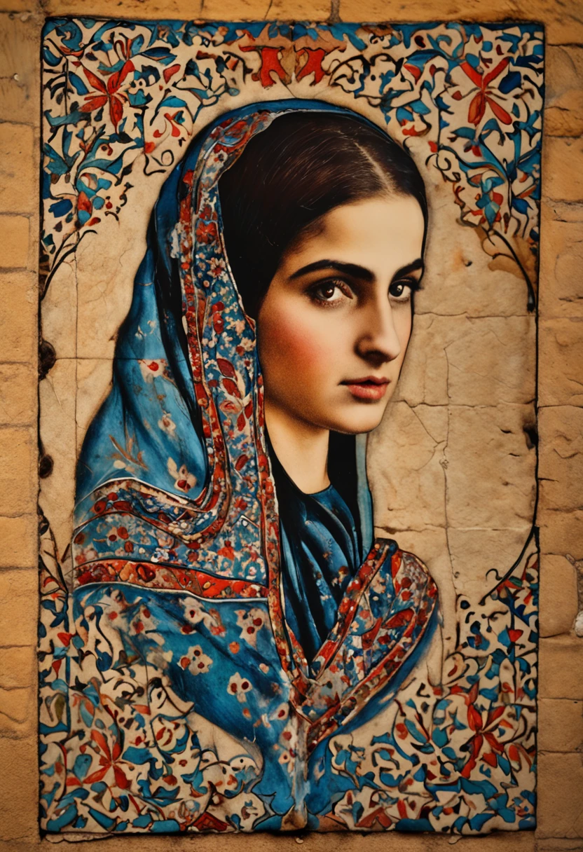 Old Iranian tiling, painting of a girl on a tile, old, Iranian, ceramic, real, very real, close-up, a tile, carpet painting, Iranian calligraphy, Iranian, beautiful, miniature, painting