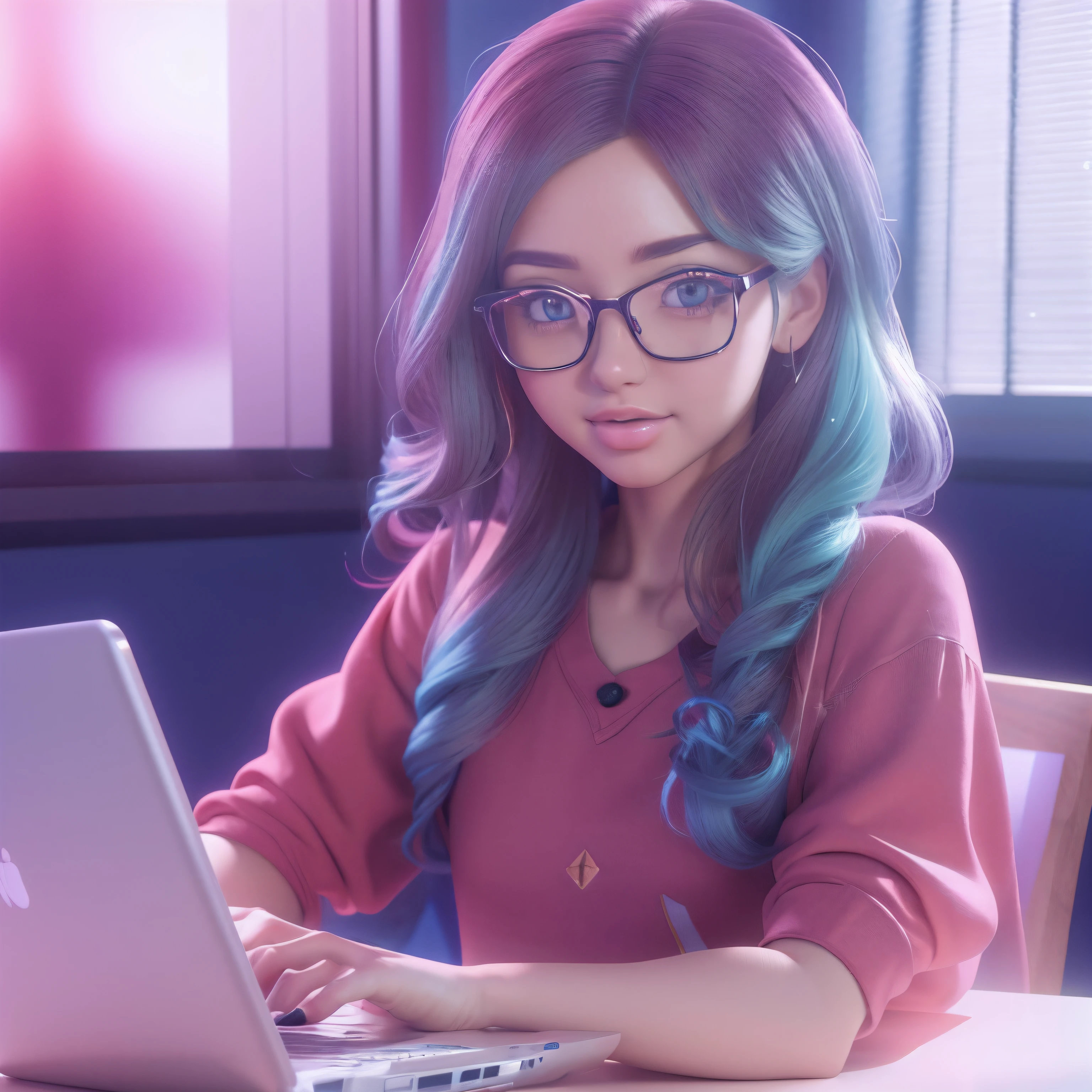 there is a woman sitting at a desk with a laptop, Estilo anime 3D realista, para alugar artista 3d, estilo de arte realista, estilo de arte fotorrealista, painting digital adorable, 3 d render stylized, 3 d render arte do caractere 8 k, photorealistic anime girl rendering, bonito 3 d render, anime estilo 3d, pintura digital dos desenhos animados