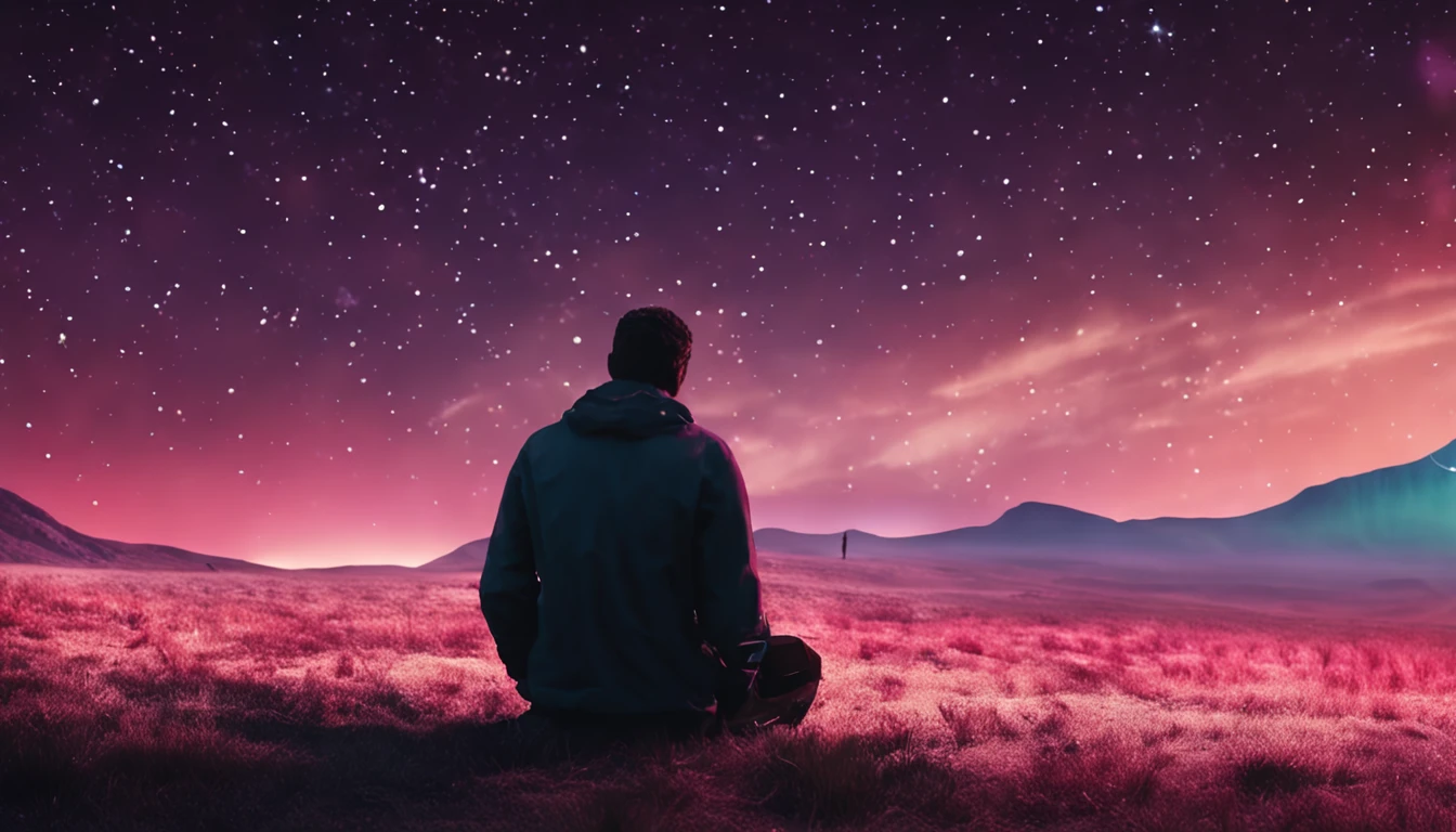 A Man sitting gazing at the sky of stars