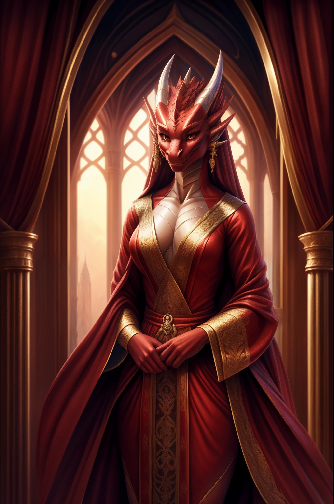 there is a woman in a red dress and a dragon in a room, the dragon girl portrait, dragon-inspired cloth robes, dragon girl, highly detailed exquisite fanart, anthro dragon art, dragon - inspired suit, commission for high res, as an anthropomorphic dragon, 8k high quality detailed art, detailed fanart