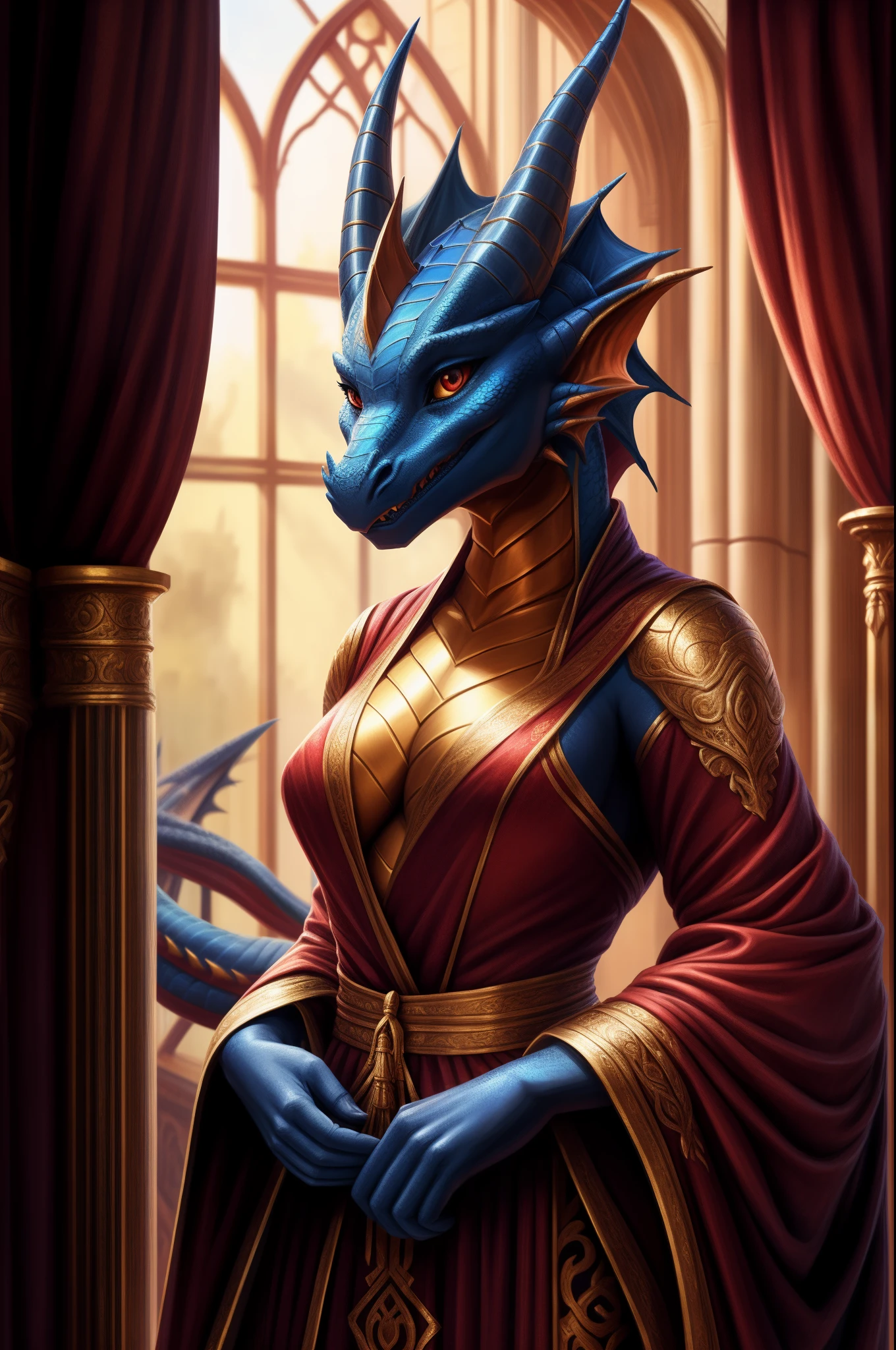 there is a woman in a red dress and a dragon in a room, the dragon girl portrait, dragon-inspired cloth robes, dragon girl, highly detailed exquisite fanart, anthro dragon art, dragon - inspired suit, commission for high res, as an anthropomorphic dragon, 8k high quality detailed art, detailed fanart