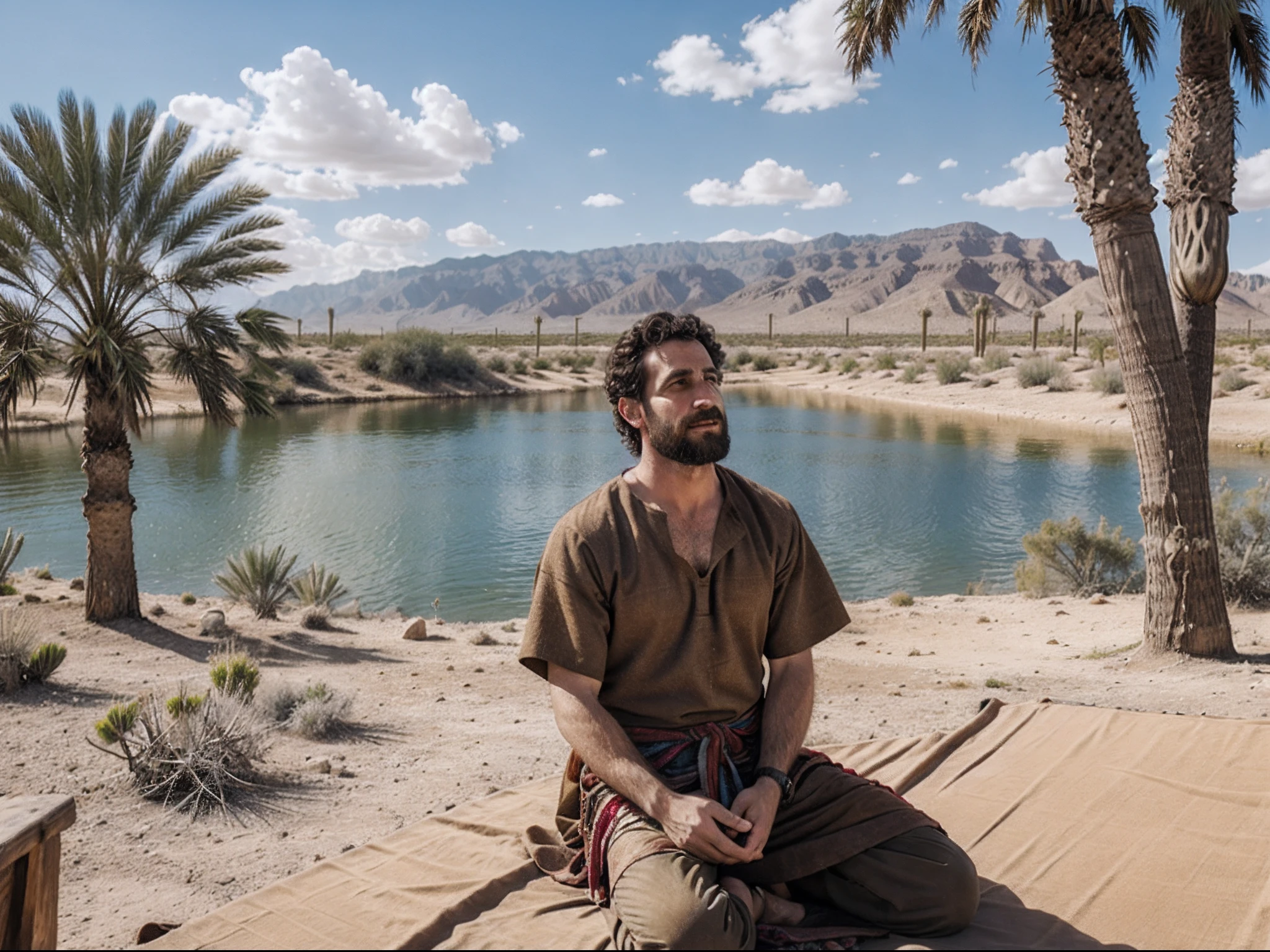 realistic photo, raw, jewish man, wearing a tunic of rustic fabric, year 30 after Christ, sitting, on the edge of a big lake, talking to a crowd of people, desert, palm trees, bright sunny day,