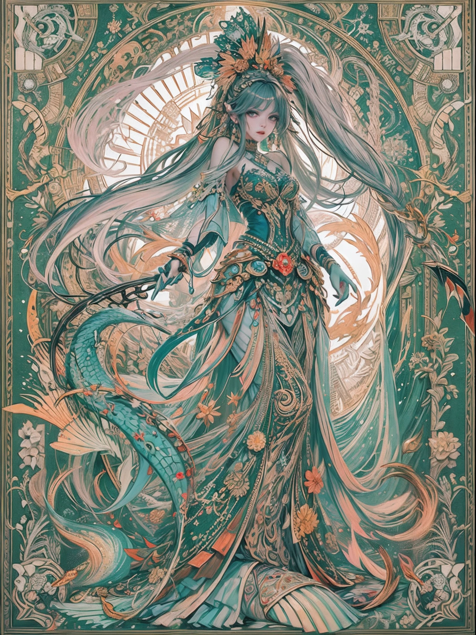 official arts, Unity 8k壁纸, Ultra-detailed, Beautiful and aesthetically pleasing, tmasterpiece, beste-Qualit, (zentangle, a Mandala, clew, meshing), (s fractal art: 1.3), 1mermaid, (Hairstyle 2 odango and 2 long ponytails)Crescent moon, Extremely detailed, dinamic angle, Cowboy shot, Most Beautiful Form of Chaos, elegant, a brutalist designed, bright colours, romanticism, The Shining of the Stars, Arctic Lights