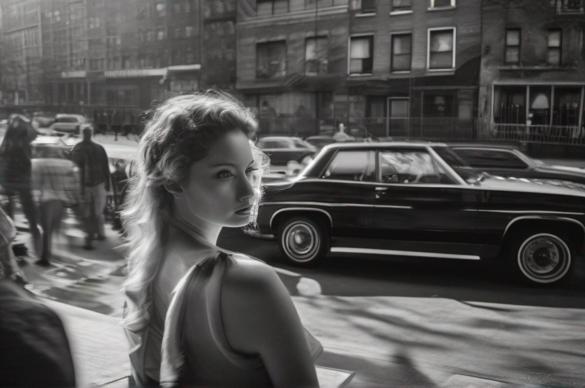 (((urban light and shadow in the style of Alan Shcaller))), New York 1972, full of people, dramatic light, ((a portrait of a man and a woman)), (((wide angle) shot)), (mottled light and shadow, depth of field,), cinematic, (ultra high res, best quality,), (8k, raw photo, best quality, masterpiece, hyper realistic), best quality, masterpiece, wallpaper, official art, amazing, finely detail, highly detailed, sharp focus, rich background, (real person, photograph), ((high detailed skin)), 8k, ((black and white)), intricate