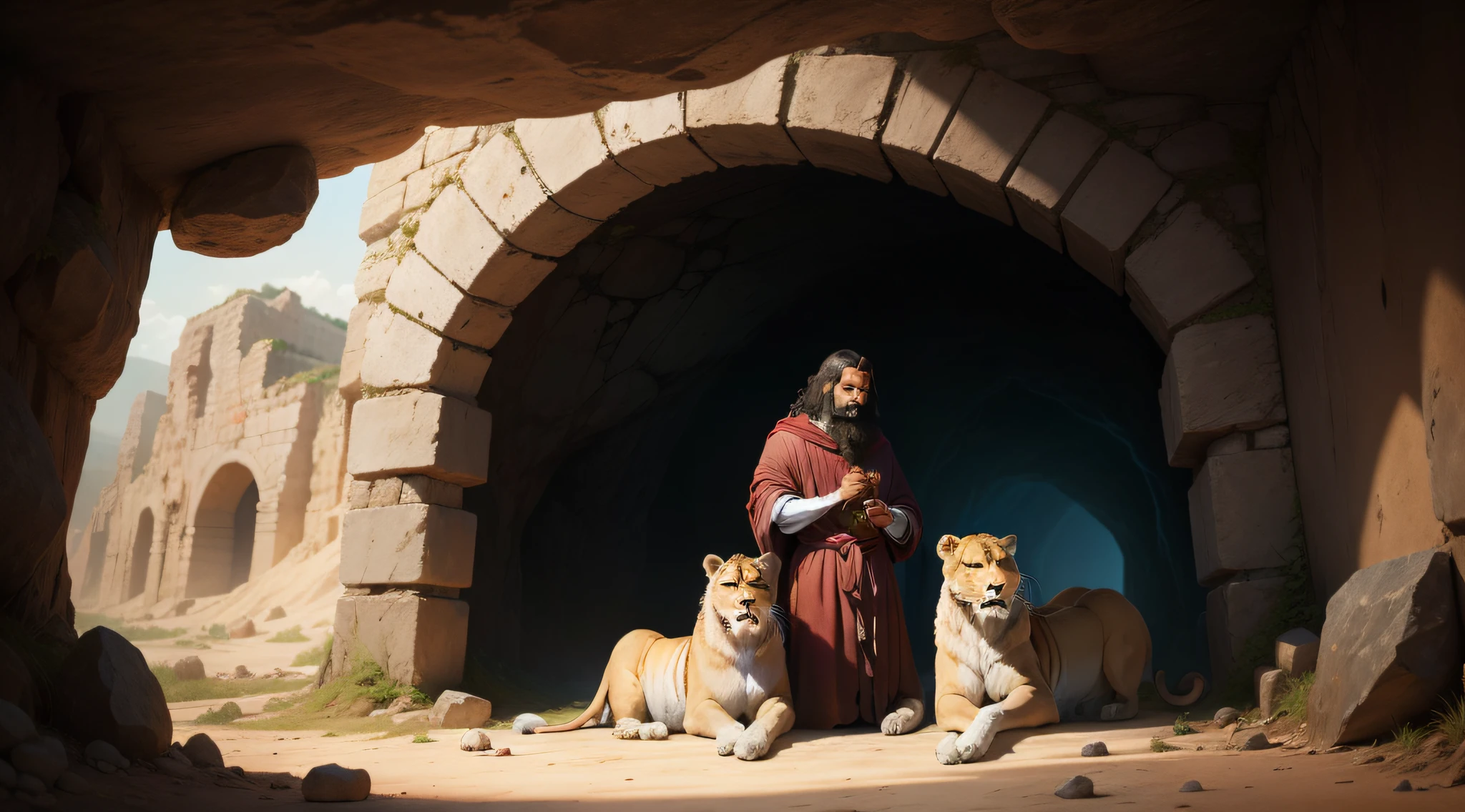 man in a cave with several lions around, bible, biblical story, daniel in the lions den, cinematic, 8k