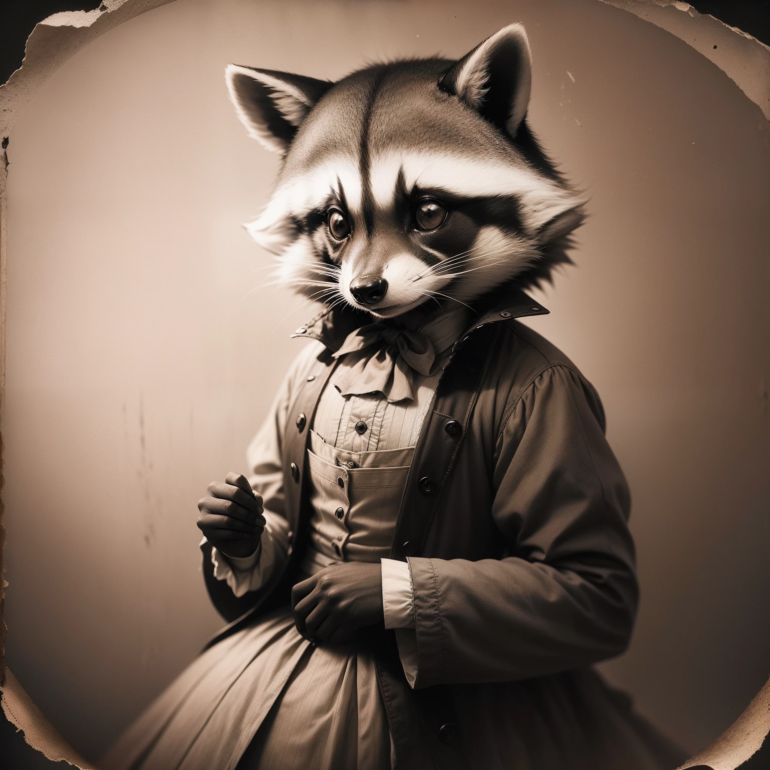 Raccoon in vintage sepia photography from the 1800s. Other people of the period