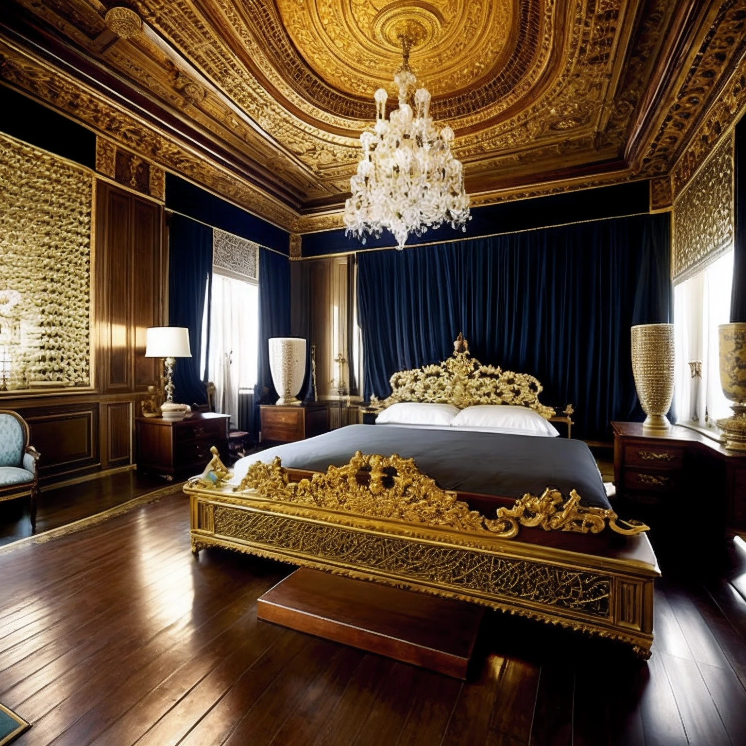 Dormitorio Arafed con una cama, chandeliers, and a chandelier, dormitorio oscuro, extremadamente opulento, Interior Real, lujoso, gothic mansion room, 1 9 2 0 s room, victorian room, ambiente de lujo, Inside a large ornate room, lujosamente decorado, Islamic Interior Design, elegante y ornamentado, bed room, Retiro adornado, exquisitely designed throne room