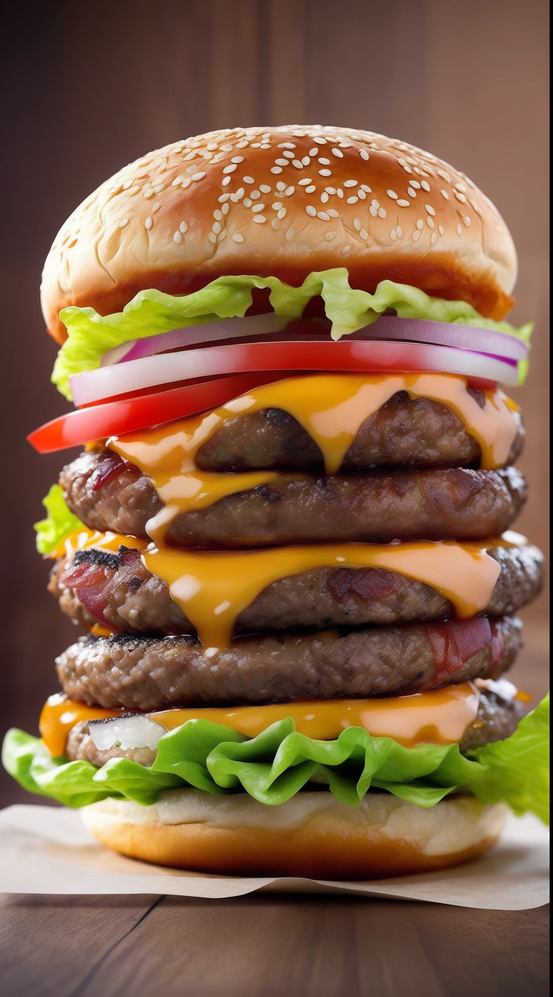 a closeup of a burger with cheese and lettuce on a wooden table, big juicy burger, cheeseburguer, imagem de comida super realista, Hiper realista ", burger, Hiper realista", Fotografia de comida de alta qualidade, Alimentos comerciais 4K, burger with a mouth, close up fotografia de comida, um hiper realista, "Hiper realista, Delicious burger with sesame seeds, Burger on a plate accompanied by fries with chedar and bacon and a large glass of soda with plenty of ice