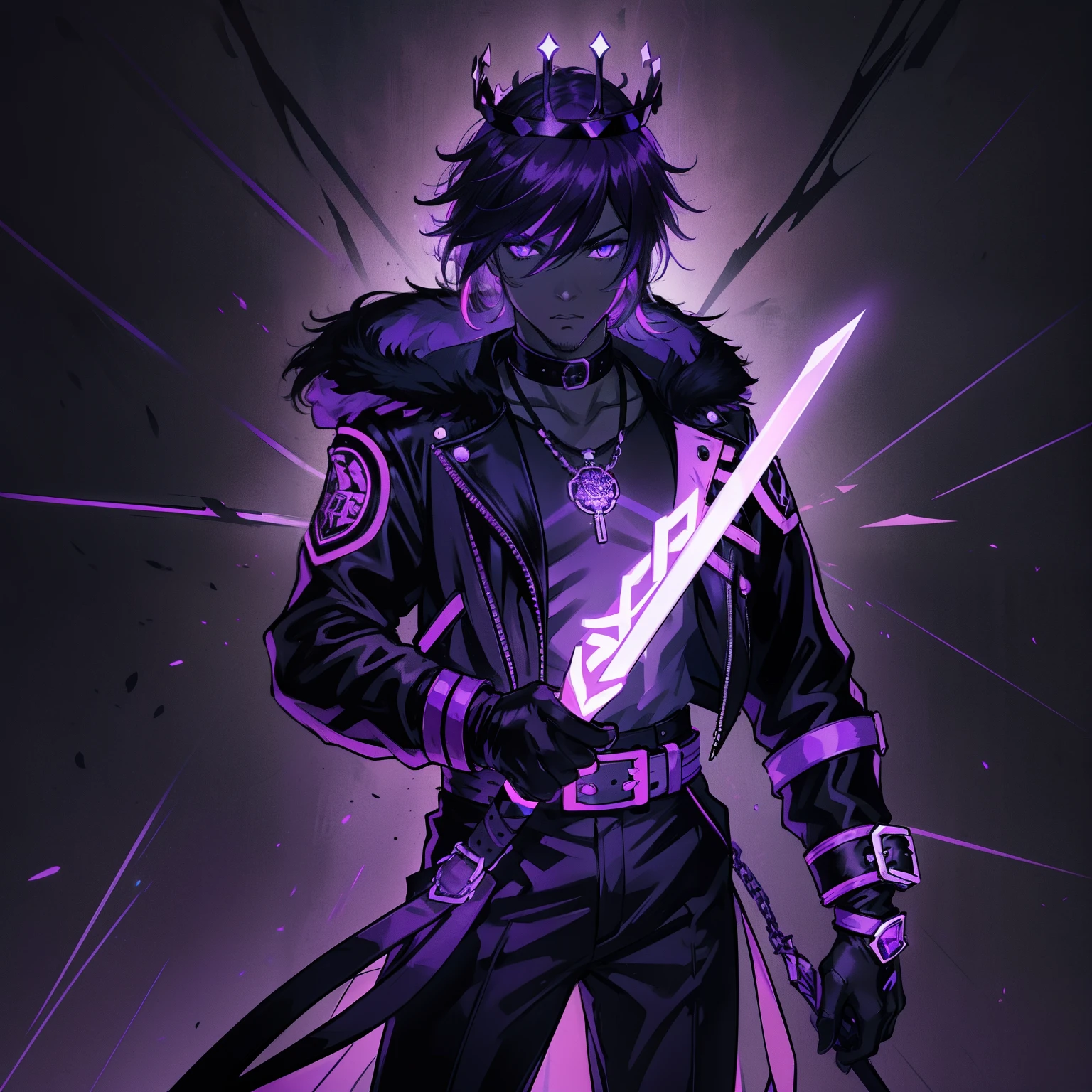 black man, white hair, black eye cover, black leather jacket with purple dagger emblem, black pants, black gloves with neon purple cuffs, Neon purple necklace, neon purple crown, black belt, black boots, holding neon purple dagger, assassin, white fluffy hood down