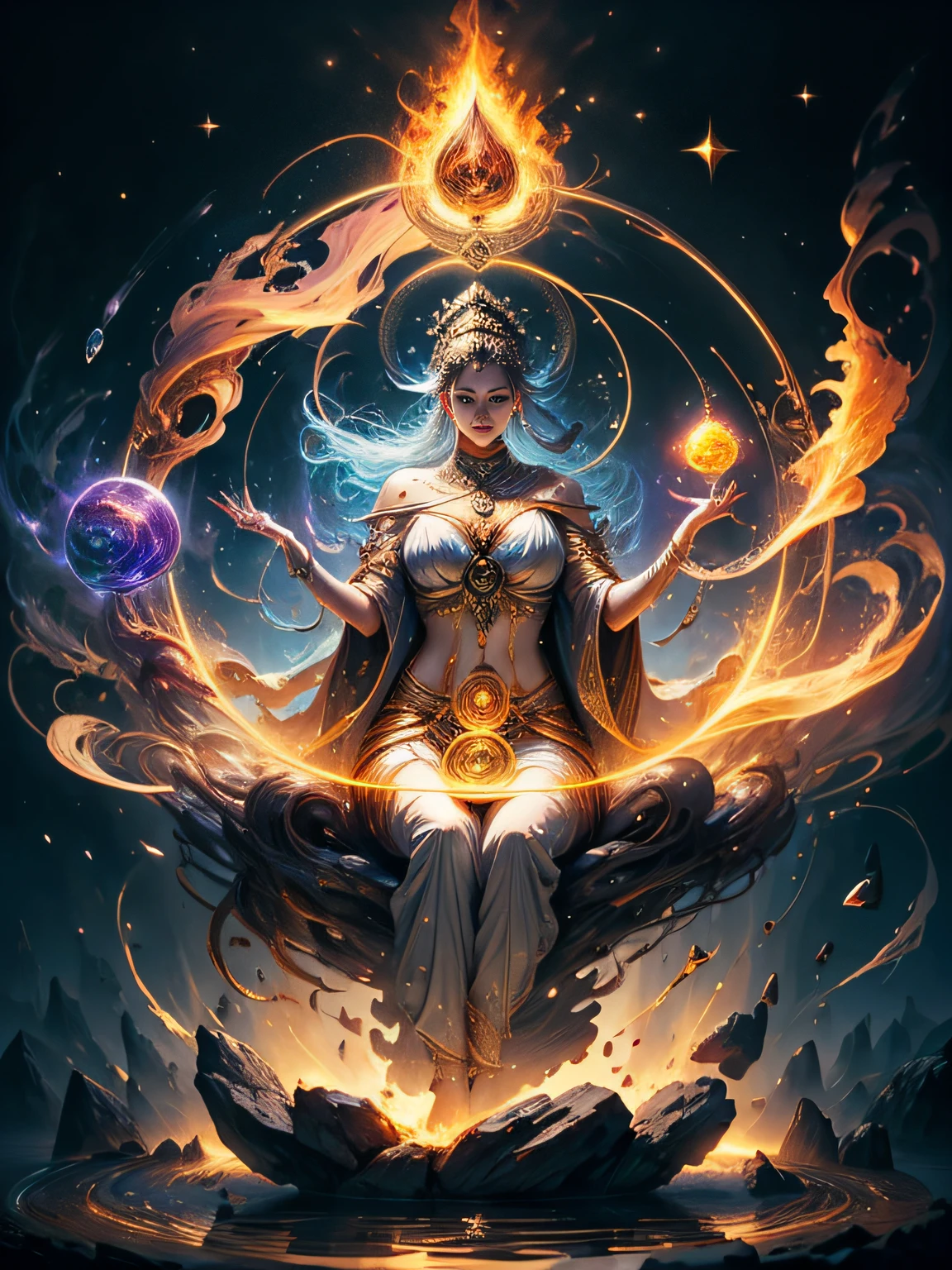 Immortal goddess, super beautiful, 8k, super big breasts, meditating, light white cloth covering part of her body, sitting cross-legged, golden glowing magic circle rotating behind her, magical aura surrounding her parts, magical, fantasy, milky way background, (4  elements, fire, water, wind, earth, surround it),