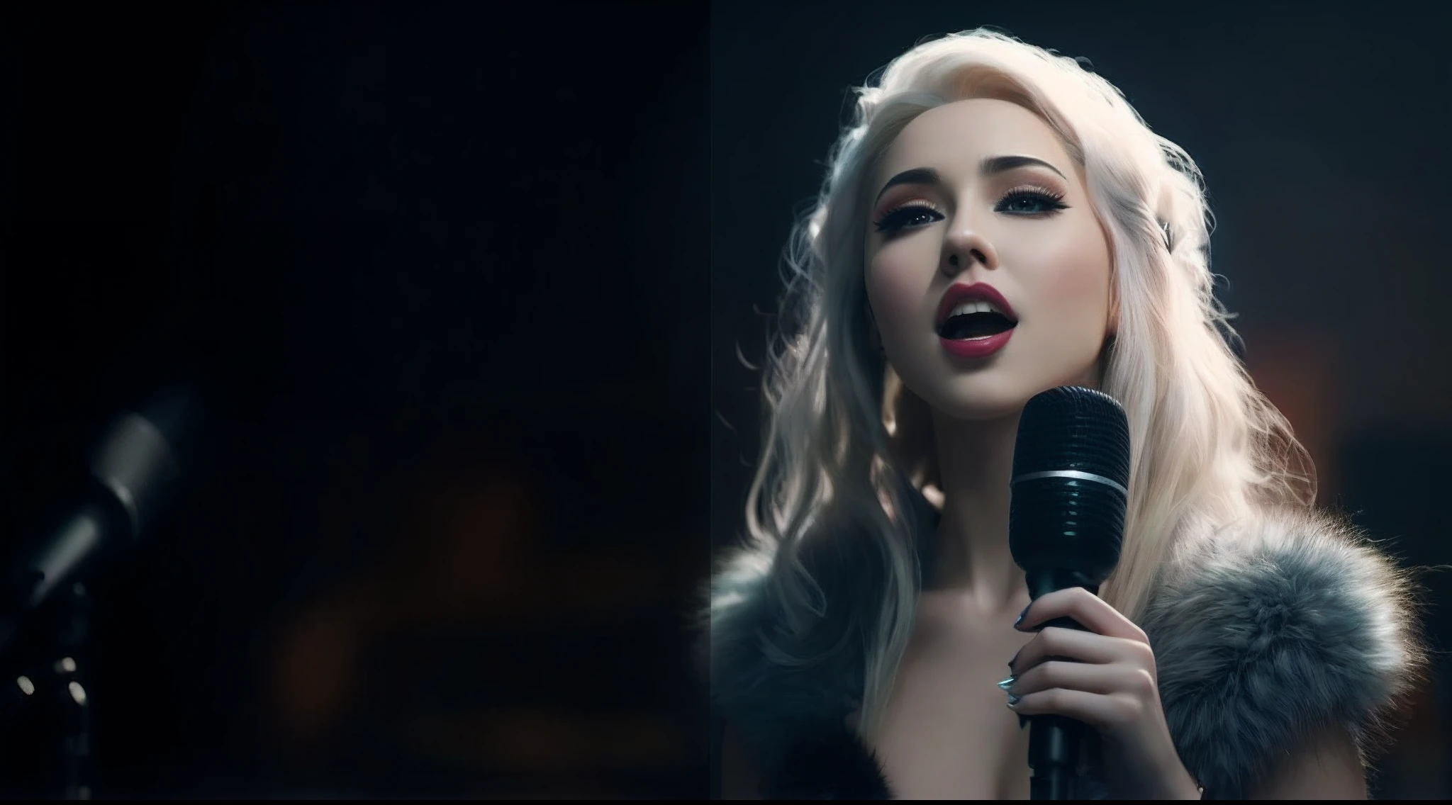 a woman in a fur coat singing into a microphone, with ai theme, ai researcher, ai, reverse, ava max, the ai, clever, best ai image, .ai, evil artificial intelligence, artificial, cover art, cover girl, nvidia ai, art cover, strong artificial intelligence, album art cover, ai art, romanian, artificial intelligence!!, whatever