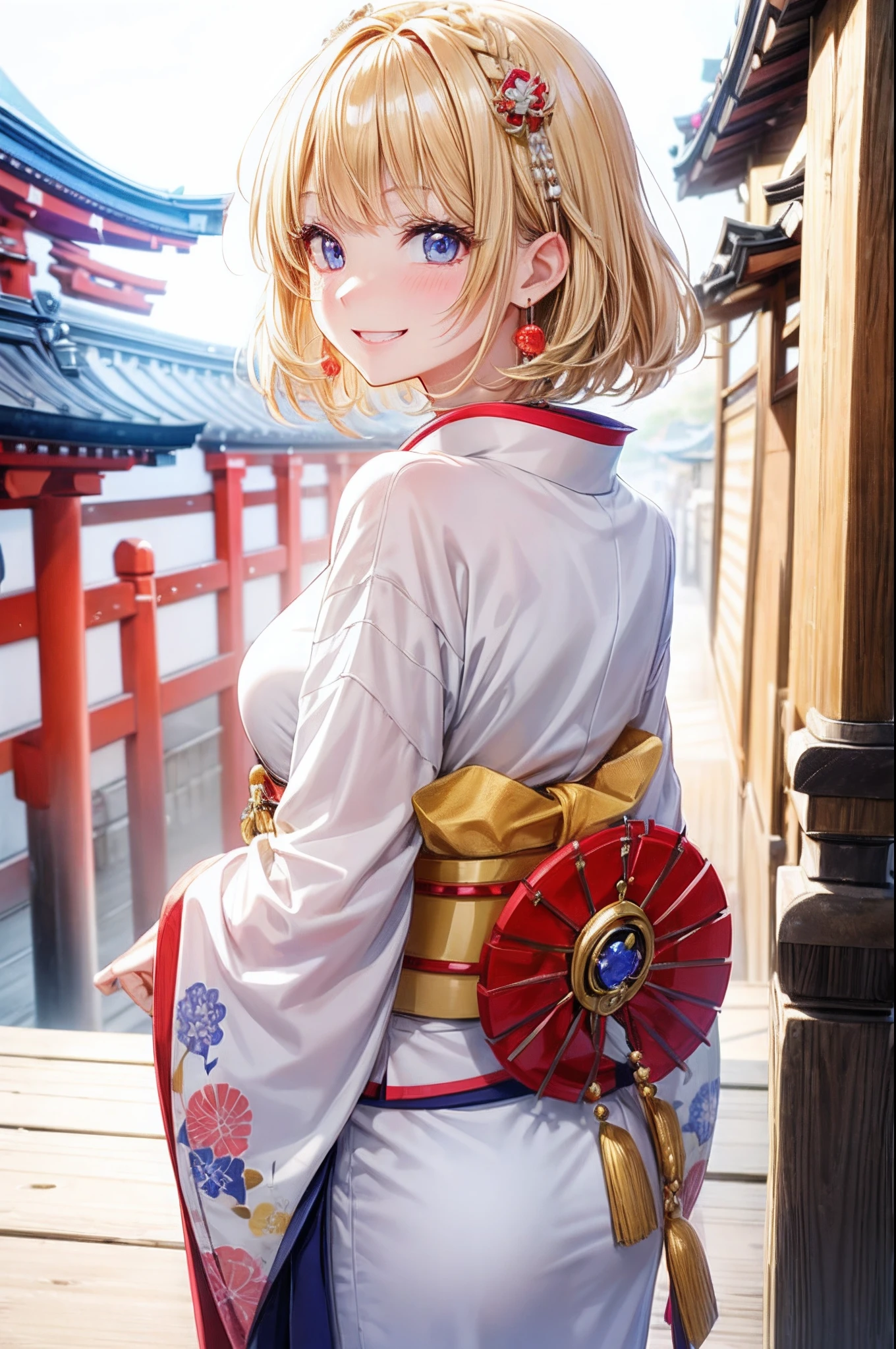 absurderes, ultra-detailliert,bright colour, extremely beautiful detailed anime face and eyes, view straight on, ;D, shiny_skin,25 years old, Short hair, , asymmetrical bangs, Blonde hair with short twin tails, Shiny hair, Delicate beautiful face, red blush、Blue eyes, White skin, hair clips, (Looking back:1.3)、(Happy smile:1.3)、Shiny hair、small earring、Small necklace、Brightly colored kimono、(Kyoto at night:1.4)