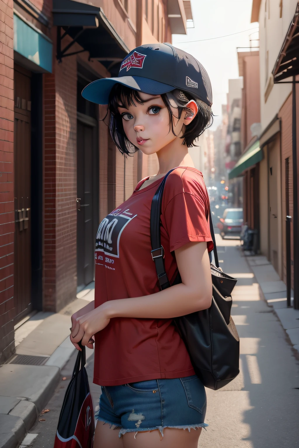 1 girl short black hair, blue eyes, wearing baseball cap backward, red shirt, Demin shorts, city alley, absurd res, ultrasharp, 8K masterpiece, side view, stolen shot view.