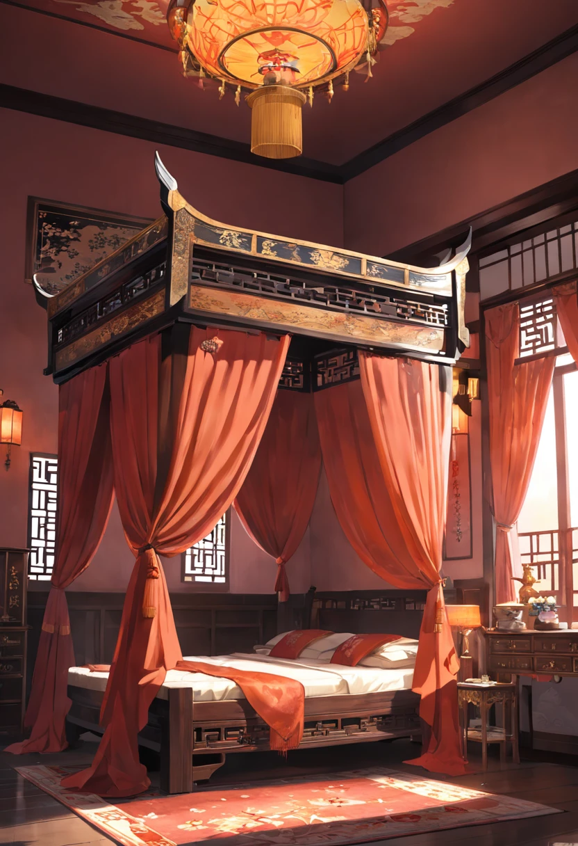 ((foto gran angular de toda la estancia)),((AMPLISIMO DORMITORIO DE LOS EMPERADORES)) ((CAMA KING SIZE))CHINA, ((Ming Dynasty)), preciosos muebles trabajados por los mejores artesanos, armarios, chandeliers, alfombras de seda, cortinas de seda con motivos de la realeza, 2 or 3 bonsai, Royal Room, candelabros con velas, luces y sombras entrando por las ventanas, atardecer, cinematography lighting, Incredible and intricate details, hiperrealista, 8k, estilo zen