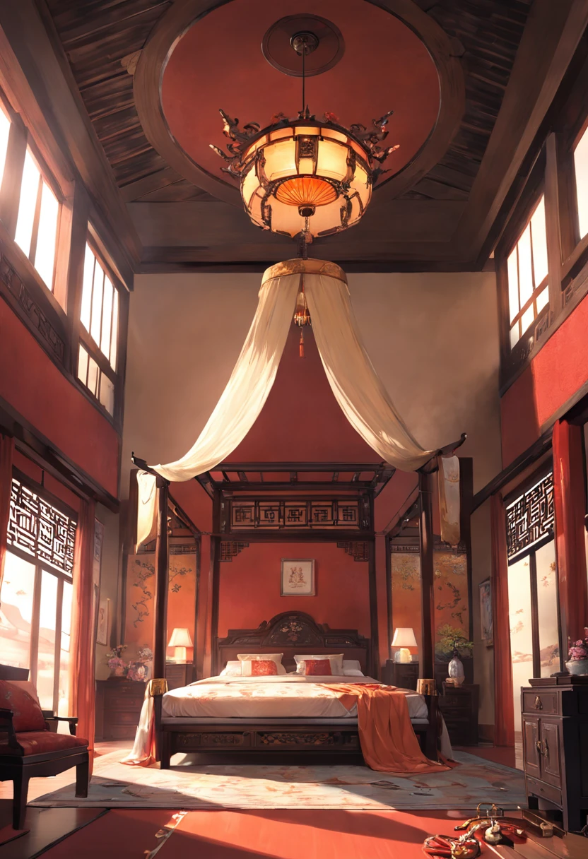 ((foto gran angular de toda la estancia)),((AMPLISIMO DORMITORIO DE LOS EMPERADORES)) ((CAMA KING SIZE))CHINA, ((Ming Dynasty)), preciosos muebles trabajados por los mejores artesanos, armarios, chandeliers, alfombras de seda, cortinas de seda con motivos de la realeza, 2 or 3 bonsai, Royal Room, candelabros con velas, luces y sombras entrando por las ventanas, atardecer, cinematography lighting, Incredible and intricate details, hiperrealista, 8k, estilo zen