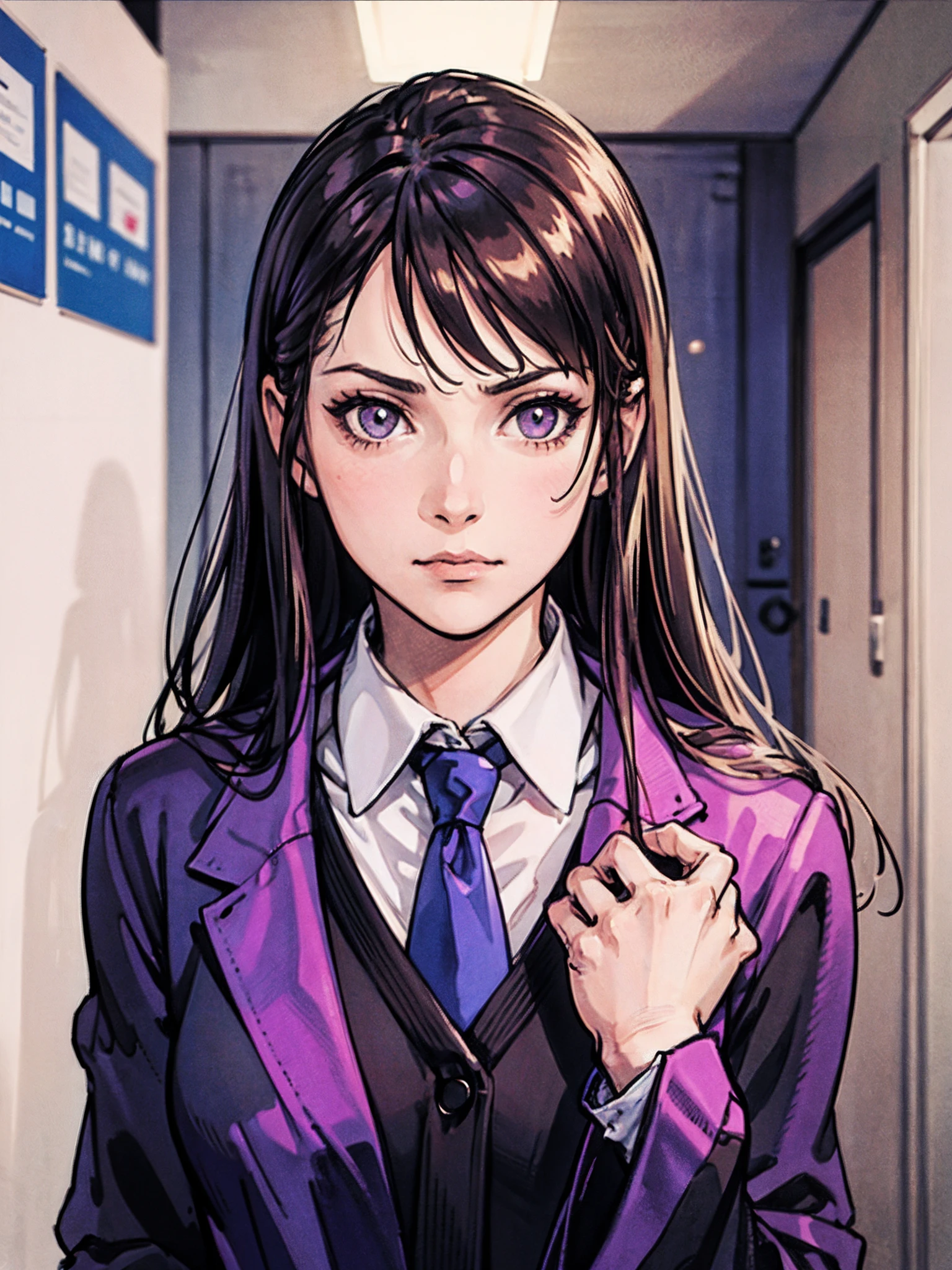 Draw a high school girl in a dramatic moment, standing in a hallway. Her face is filled with emotion, caught in a close-up composition. She is wearing a stylish school uniform consistent with the theme. The lines defining her and the background should be bold and clear, with thick outlines. The background is a school hallway, rendered in photorealistic detail, complete with lockers and posters on the walls. Use smooth, detailed textures for both the character and the setting. Employ radial lighting emanating from her emotional face, casting crisp shadows on her and the background. Unify the scene with luminous lighting and lifelike materials. Use vibrant, luminous colors to make her stand out. Render everything in 32K ultra-high definition. --auto --s2