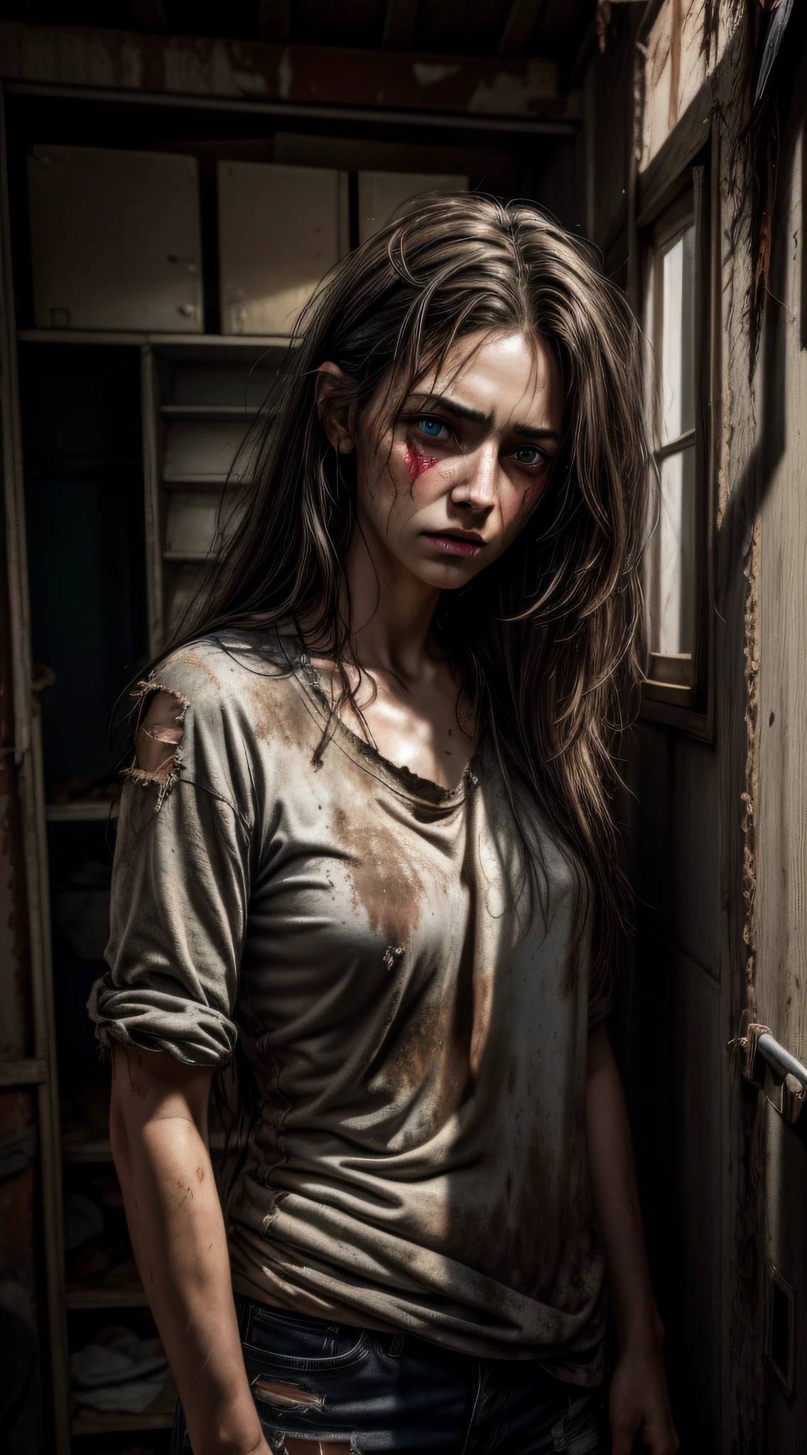 Hyperrealistic art, full body photo High resolution hyperrealistic art, 8k, realistic skin, 20s, expired face, expired, lower class, cheap, tattered, tired, hurt, beaten, tired face, scared, bored, poor, desperate, slutty makeup, over-the-top makeup, wrinkled face, dirty body, long hair, dirty hair, tight, torn shirt, worn out, inside trailer, dirty room, decaying room. Very high resolution details, photographic, extreme realism, fine texture, incredibly realistic. Extremely high resolution detail, photographic, extreme realism, fine texture, incredibly realistic